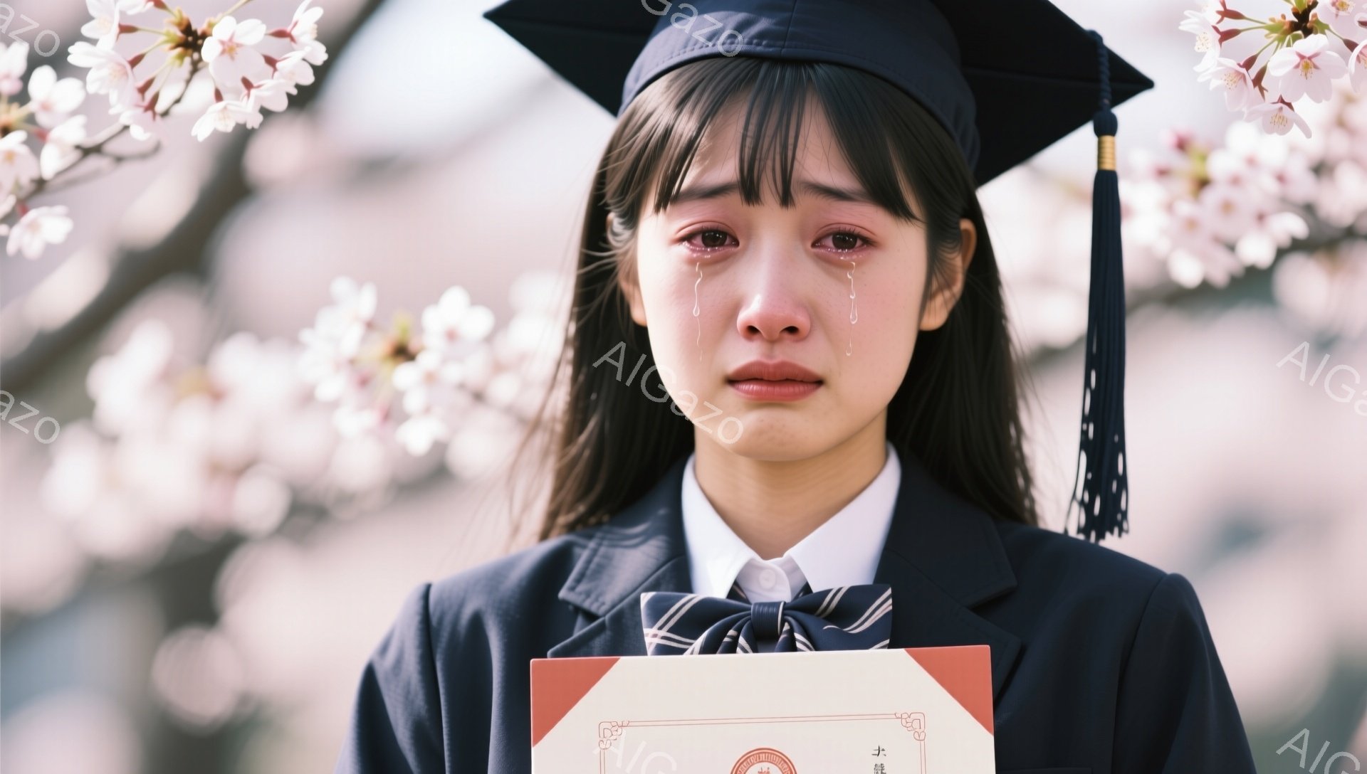 黒い学士服を着て卒業証書を持つ若い女性が写っています。彼女は桜並木の下で泣いており、感情的な瞬間を捉えています。背景にはぼやけた桜の花が咲き乱れ、春の暖かさと感動的な雰囲気を演出しています。