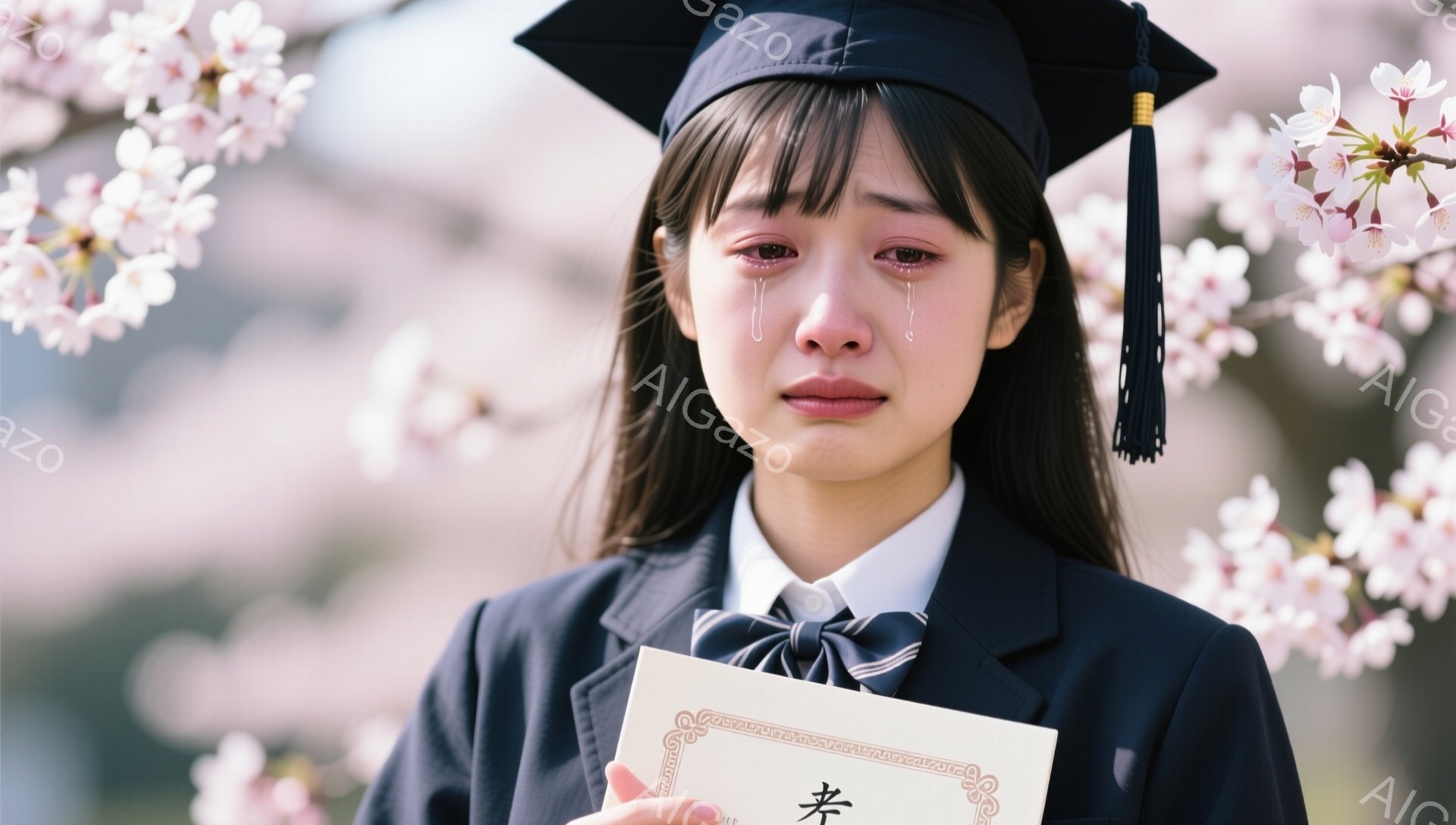 卒業式と思われる若い女性が、桜並木の下で涙を流している。黒い学士服に身を包み、卒業証書を手にしている。背景には桜がぼんやりと咲き誇り、感動的な雰囲気を醸し出している。