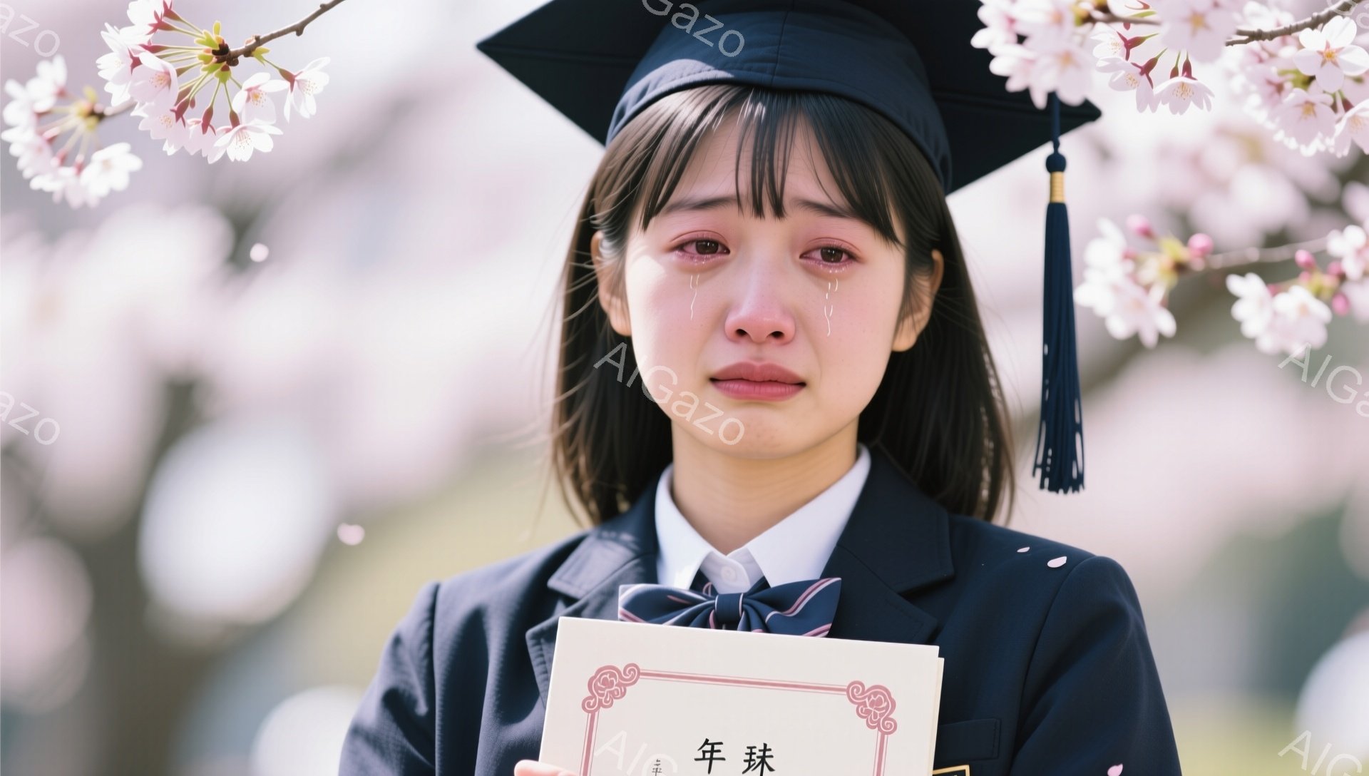 卒業式と思われる女性が、涙を浮かべながら卒業証書を手にしている。紺色の制服に身を包み、長い黒髪は肩まで伸びている。背景には桜が咲き誇り、感動的な雰囲気を醸し出している。