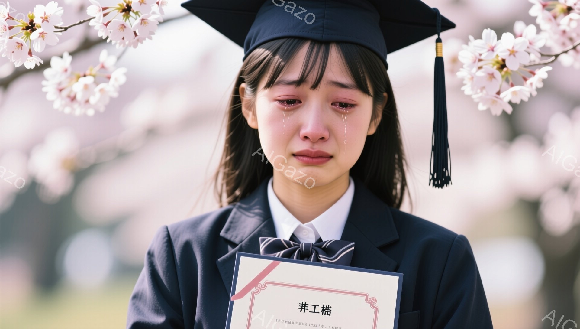卒業式で制服を着た若い女性が、卒業証書を手に涙を流している。背景には桜が咲き誇り、春の暖かさと感動的な雰囲気が漂っている。彼女は少しうつむき加減で、感情が高ぶっている様子が伺える。