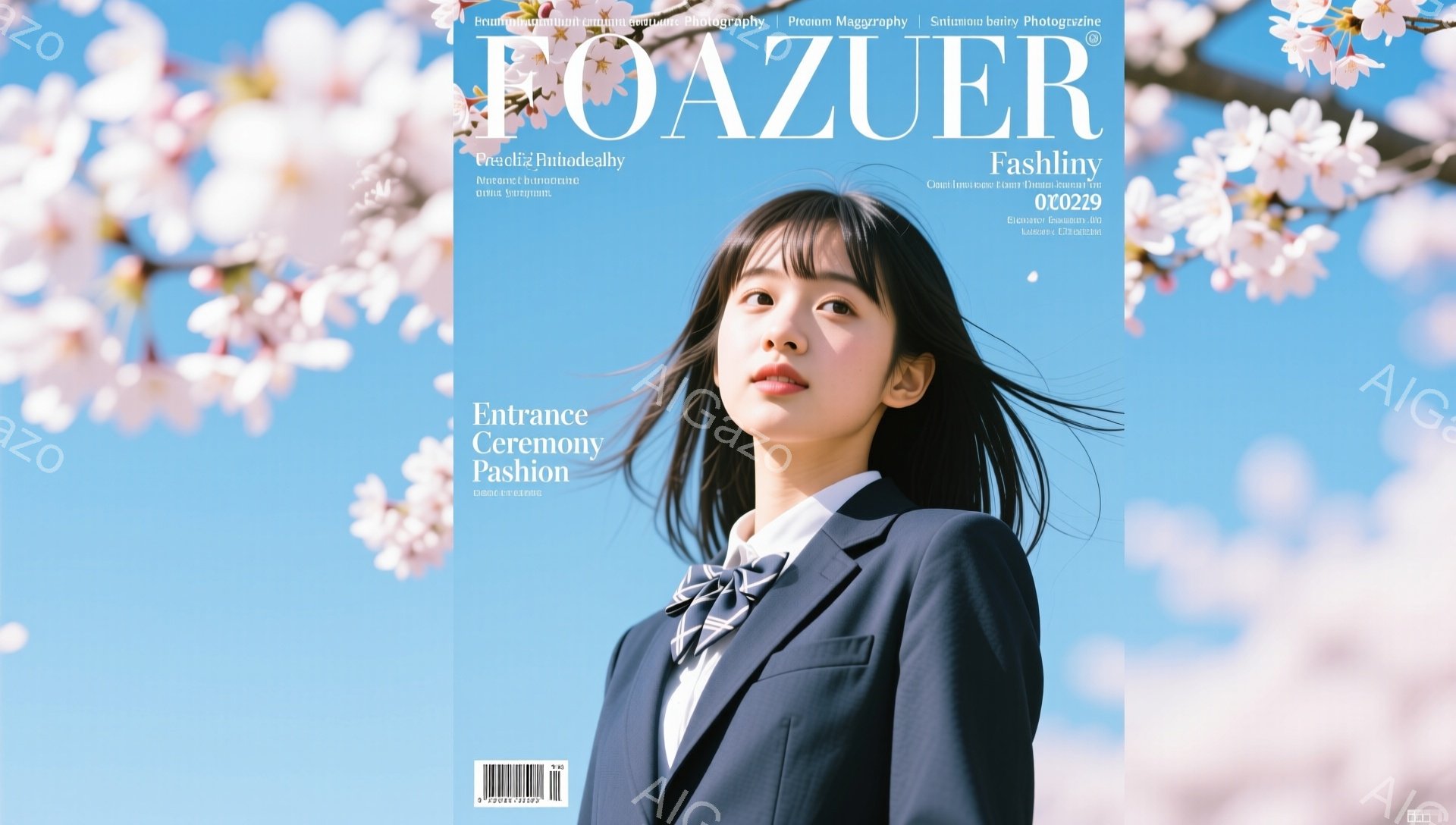 制服を着た若い女性が、桜の花びらが舞う中で見上げています。彼女は長い茶色の髪を持ち、明るい笑顔を浮かべています。青空と桜の背景が、春の訪れを感じさせる暖かく優しい雰囲気を作り出しています。