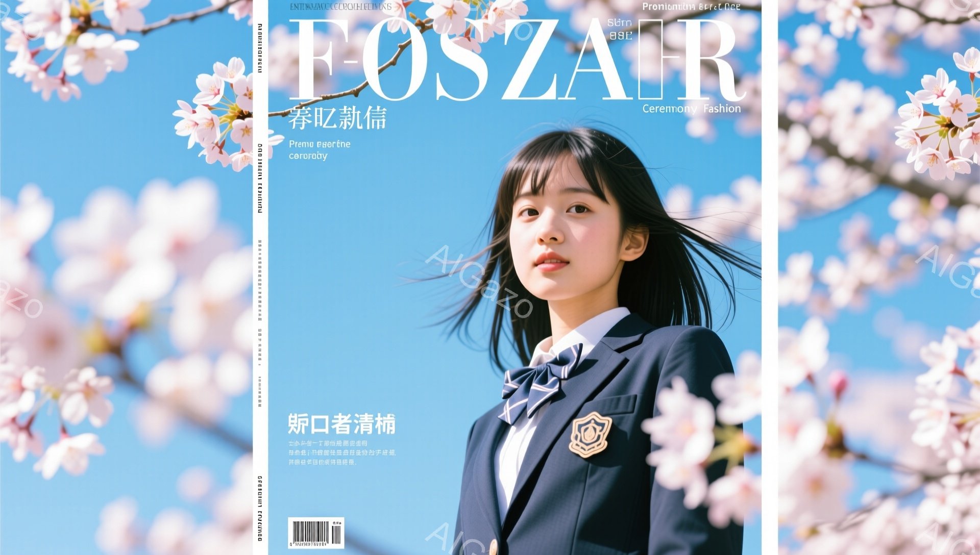 制服を着た若い女性が、桜の花びらが舞う中で正面を見つめている。彼女は長い髪を軽くウェーブさせており、明るい笑顔を浮かべている。背景にはぼやけた桜並木が広がり、春の暖かく優しい雰囲気を醸し出している。 - AI生成フリー素材