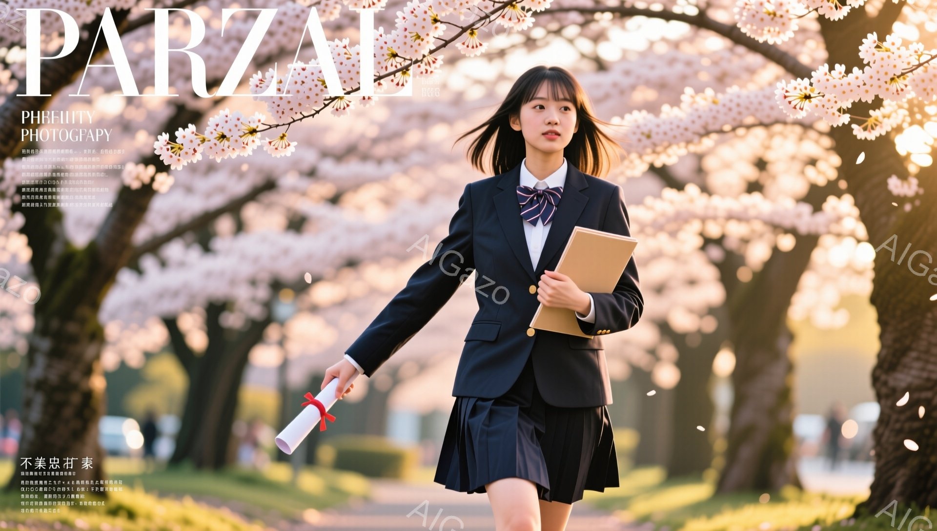 制服を着た女子学生が、桜並木の下で卒業証書を握りしめて立っている。彼女は長い黒髪を後ろにまとめ、少し微笑んだ表情を浮かべている。背景にはぼやけた桜並木が広がり、春の暖かい雰囲気が感じられる。