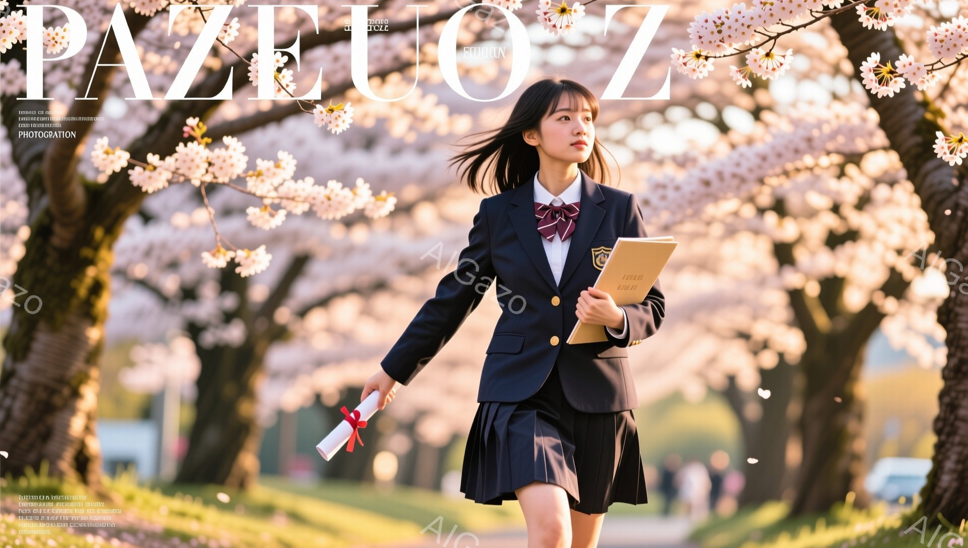 紺色のブレザーとチェックのスカートを着た女子学生が、卒業証書を手に桜並木の下を歩いている。 晴れた空と満開の桜が、彼女の晴れやかな表情と相まって、卒業の喜びと希望に満ちた雰囲気を醸し出している。背景には校舎が見え、春の暖かい日差しが感じられる。