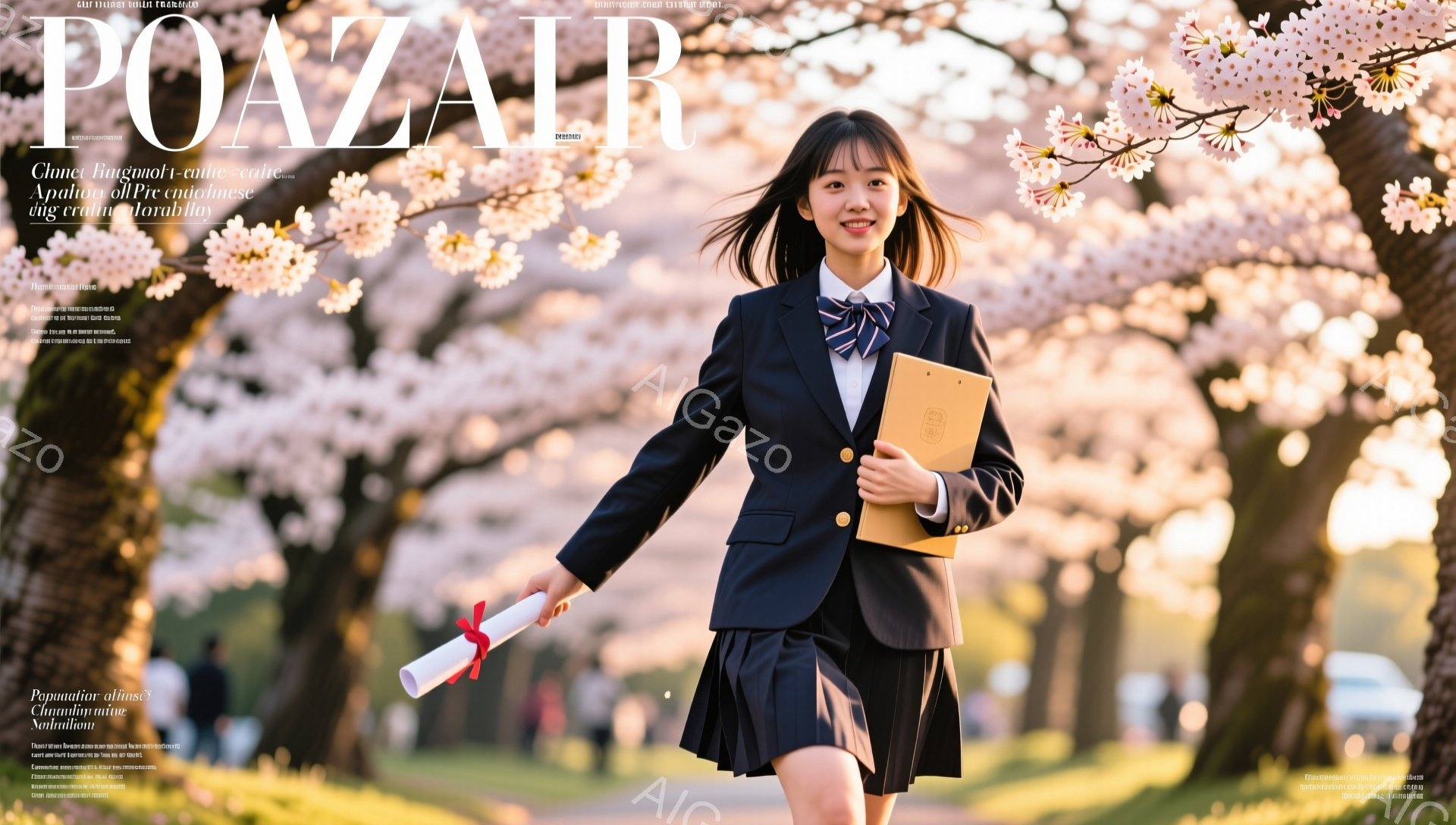 卒業式を迎えた若い女性が、桜並木の下を歩いている。紺色のブレザーとチェックのスカートを着用し、手には卒業証書を持っている。背景にはぼやけた桜の花が咲き誇り、春の暖かさと希望に満ちた雰囲気が漂っている。