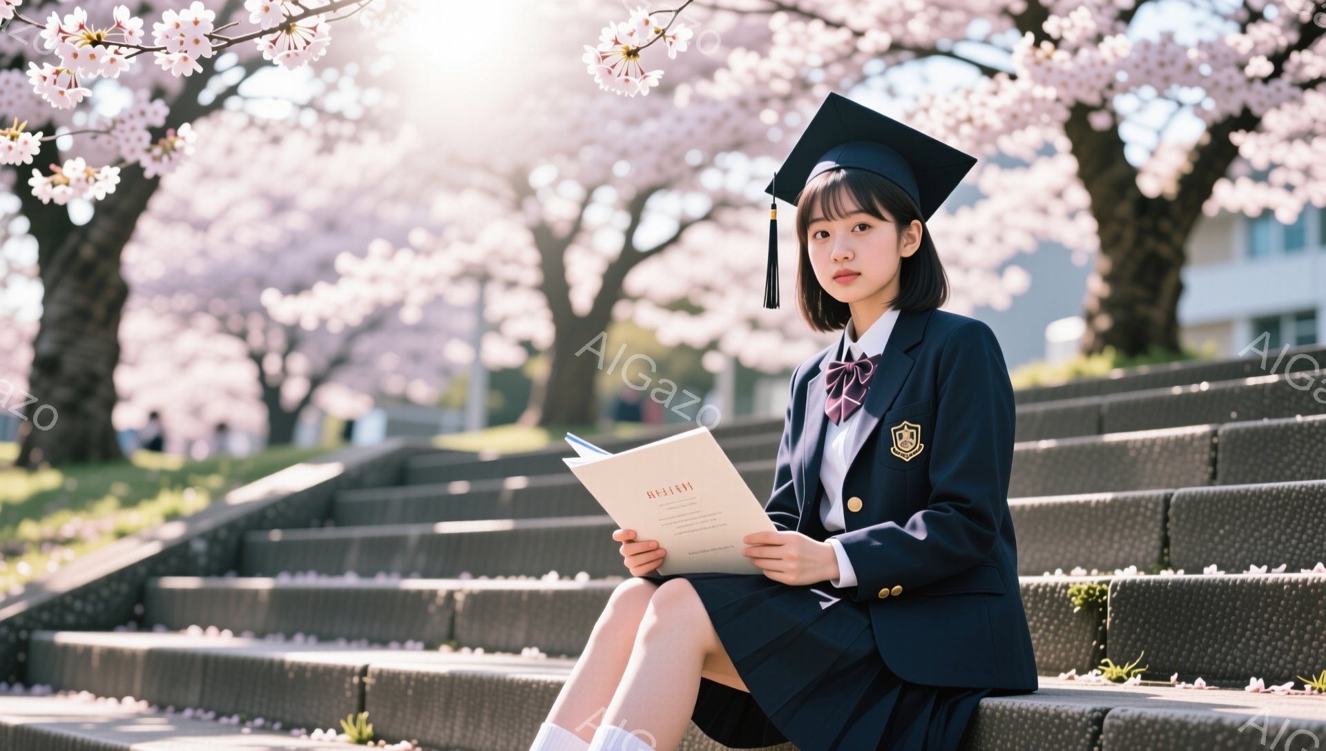 卒業式と思われる少女が、桜の咲く大学の石段に座って卒業証書を見ている。紺色のブレザーにスカート、赤いリボンと金髪の髪型で、少し微笑んだ表情をしている。背景には、ピンク色の桜並木が広がり、春の穏やかな雰囲気が漂っている。