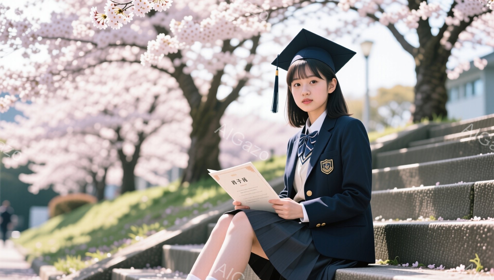 卒業式を迎えた女子学生が、桜並木の下で卒業証書を手に座っている。紺色のブレザーとチェックのスカート、そして卒業帽子が彼女の晴れやかな表情を引き立てている。背景には柔らかな桜の花びらが舞い、春の暖かさと - AI生成フリー素材