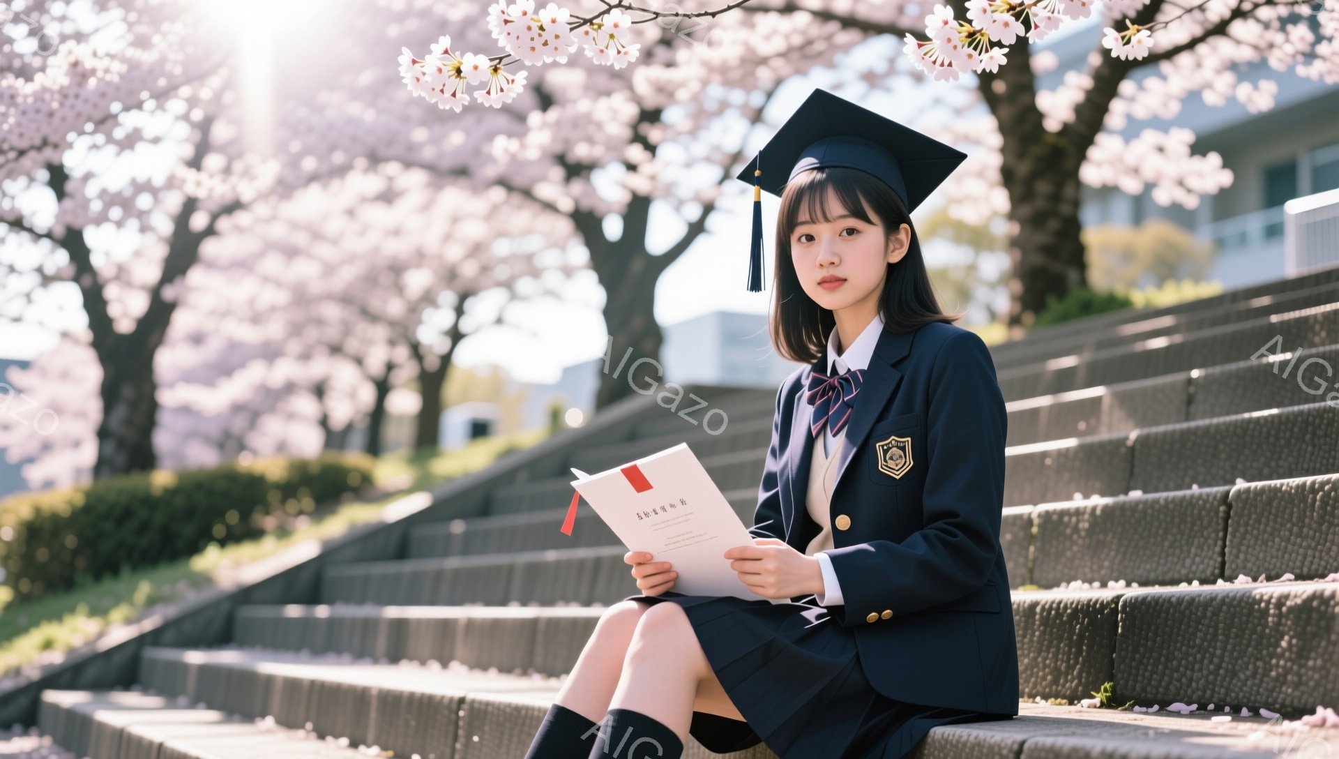 明るい日差しの中で、卒業式を終えたばかりの若い女性が階段に座っている。紺色の制服に卒業証書を持ち、少し微笑んだ表情で未来を見つめている。背景には桜が咲き誇り、春の暖かな雰囲気を演出している。