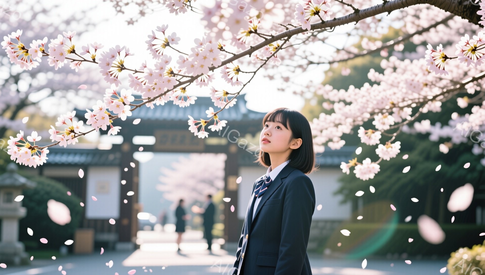 制服を着た女子学生が、桜並木の下を歩いている。彼女は少し上を見上げ、春の訪れを感じているような表情をしている。背景には他の学生や校舎が見え、入学式や卒業式のような学校行事の様子が伺える。
