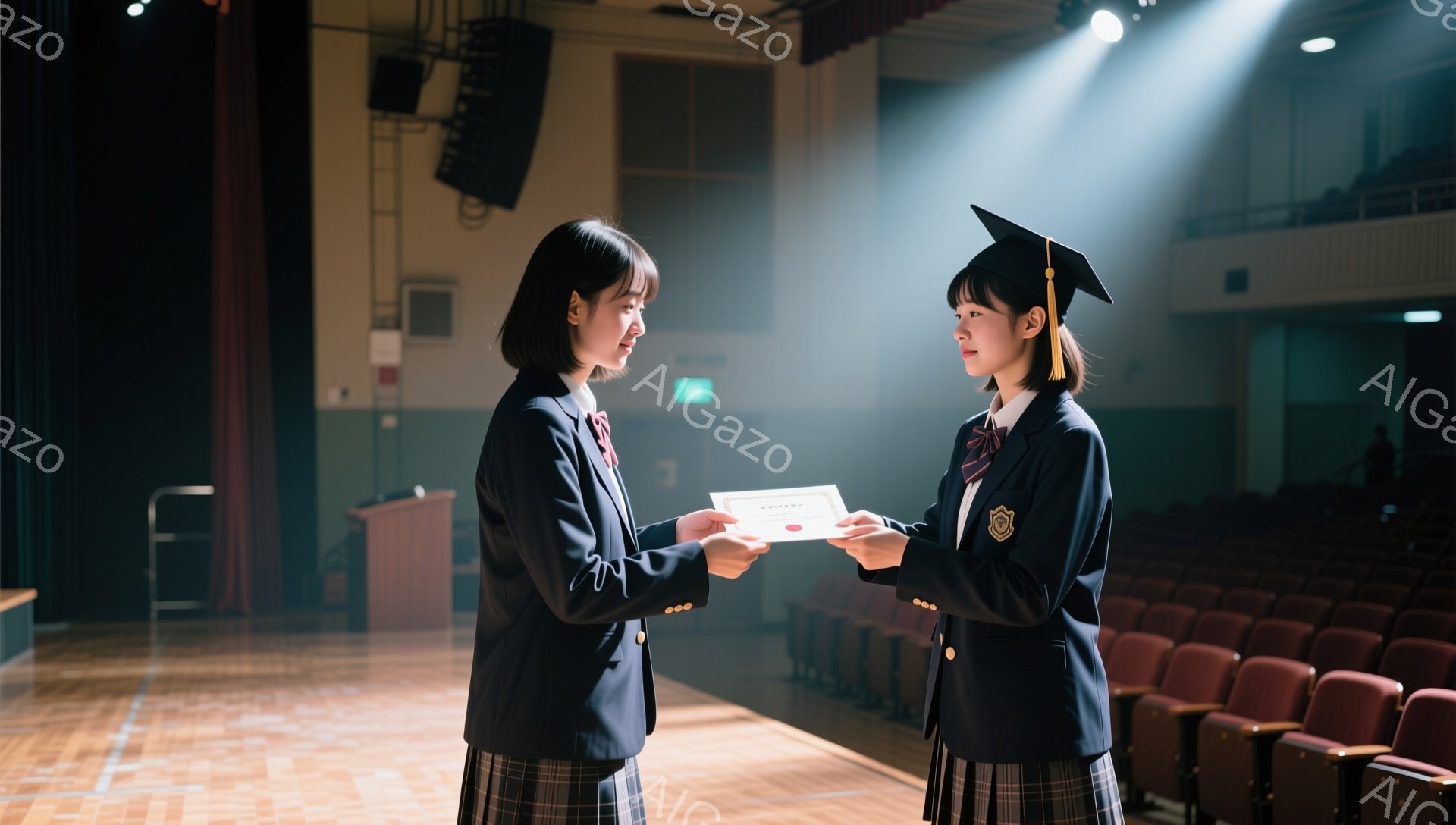卒業式と思われる体育館で、制服を着た二人の女子学生が向き合っている。一人は卒業証書を受け取り、もう一人はお祝いするように差し出している。光が二人を照らし、暖かい雰囲気で感動的な場面を演出している。