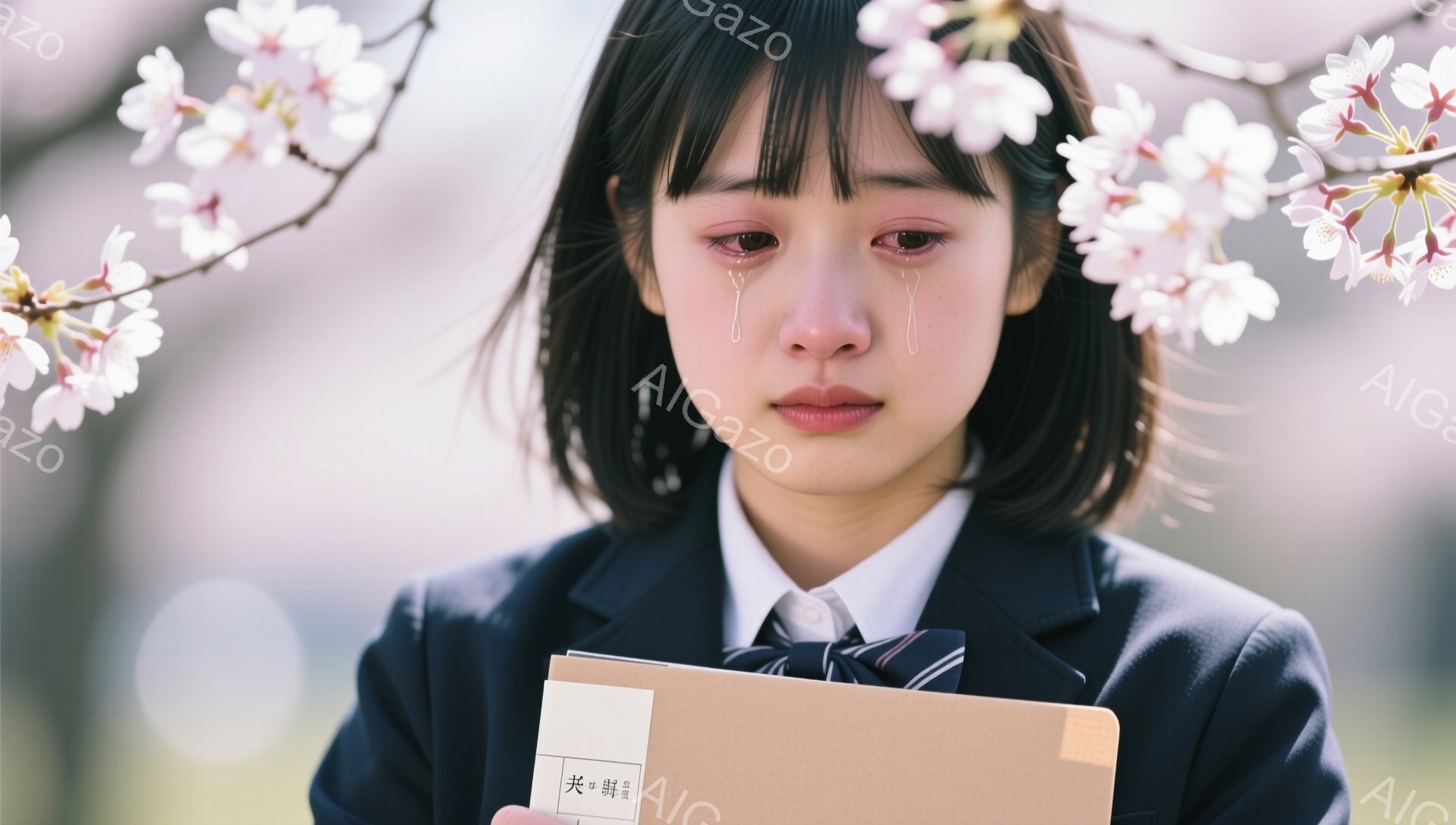 制服を着た少女が泣いている。背景には桜が咲き誇り、春の訪れを感じさせる。切ない表情と桜のコントラストが、別れや喪失の感情を表現している。