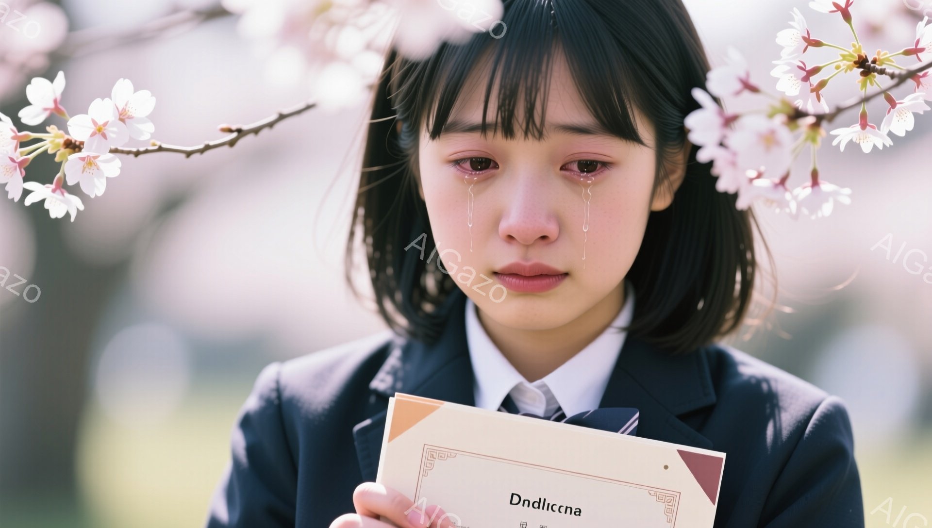 制服を着た女子学生が涙を浮かべ、何かを抱えています。背景には桜が咲き乱れ、春の優しい光が差し込んでいます。卒業式のような厳かで少し寂しい雰囲気が漂っています。