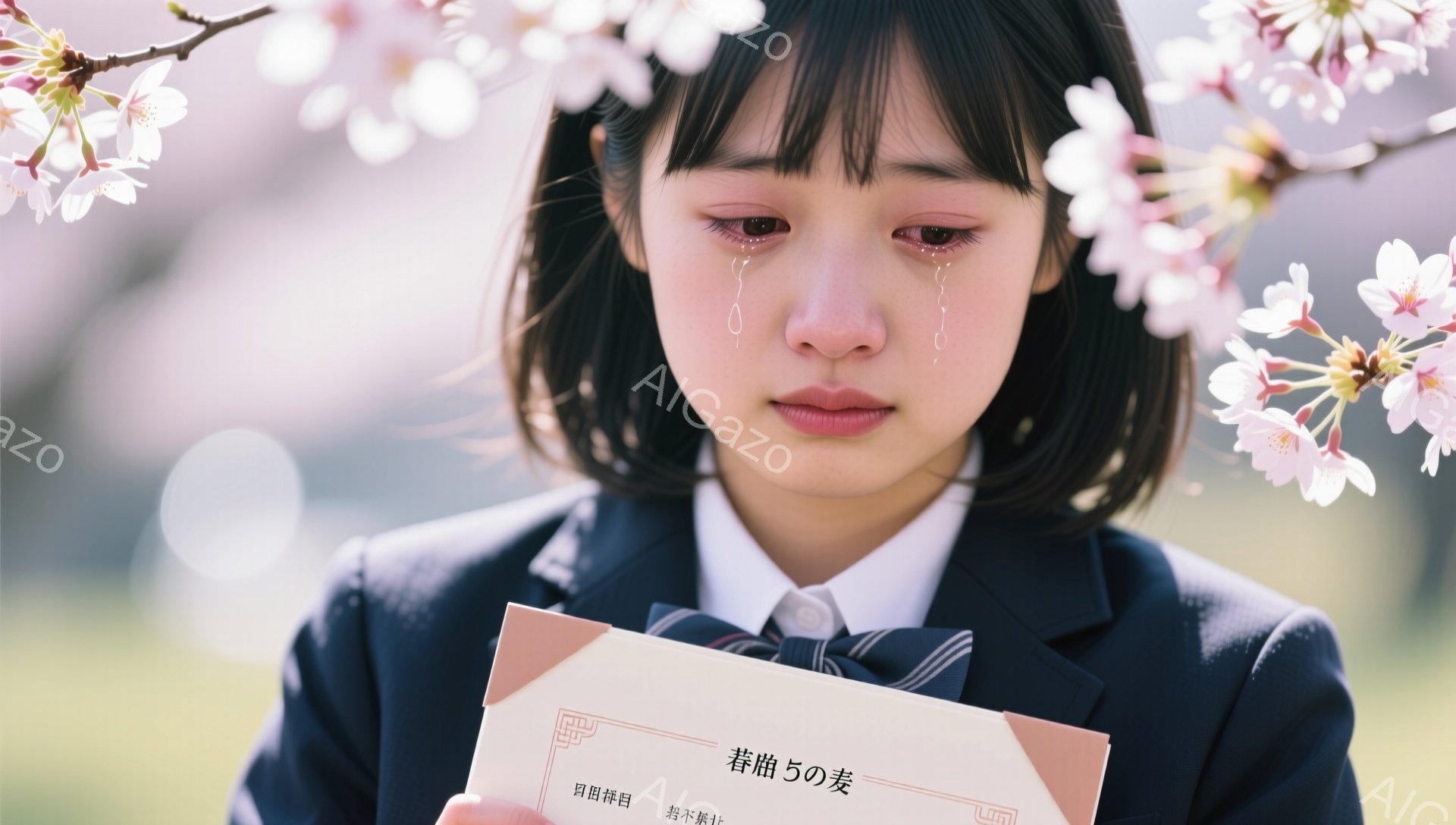 制服を着た若い女性が、桜の花びらが舞う中、目に涙を浮かべて何かを見下ろしています。彼女は長い黒髪で、顔色は悲しげです。背景はぼやけており、春の穏やかな雰囲気が漂っています。