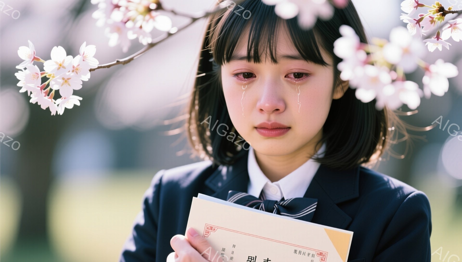 制服を着た女子学生が、桜並木の道で涙を流している。彼女は困ったような、悲しそうな表情をしており、握りしめた手には何か紙のようなものが見える。背景にはぼやけた桜が咲き乱れ、春の寂しげな雰囲気を醸し出している。