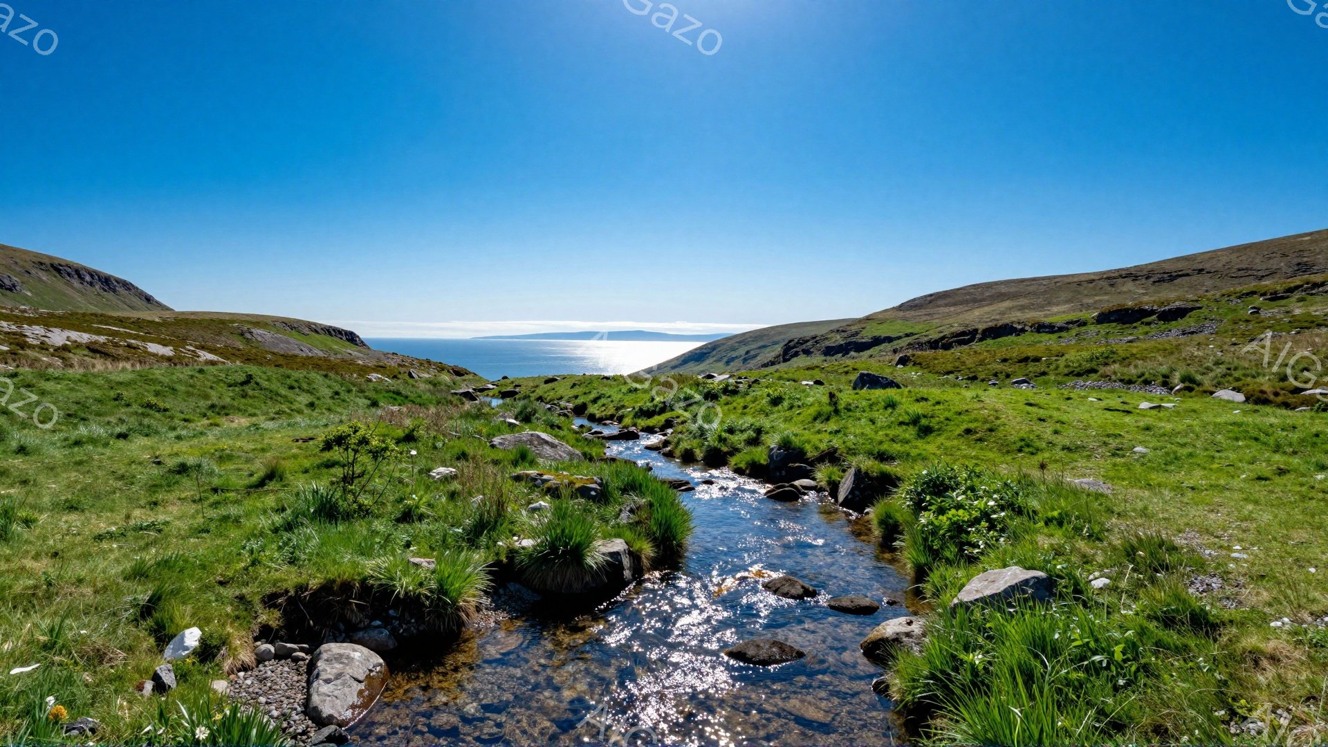 鮮やかな緑の草が広がる丘の間に、細い小川が流れている。青空の下、水面は太陽の光を反射し、周囲の景色と調和した穏やかな風景を作り出している。遠くには海が見え、自然豊かな景色が広がっている。