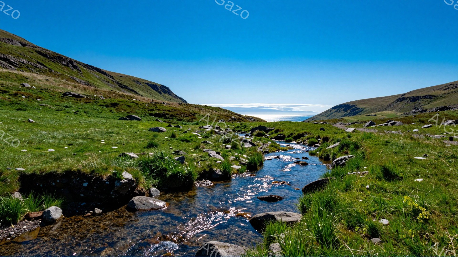 鮮やかな緑の草が生い茂る谷間を、透き通った小川が流れている。青い空と遠くに見える海が、自然の美しさを際立たせ、静寂と穏やかな雰囲気を醸し出している。岩々が点在し、自然の力強さを感じさせる風景だ。 - AI生成フリー素材
