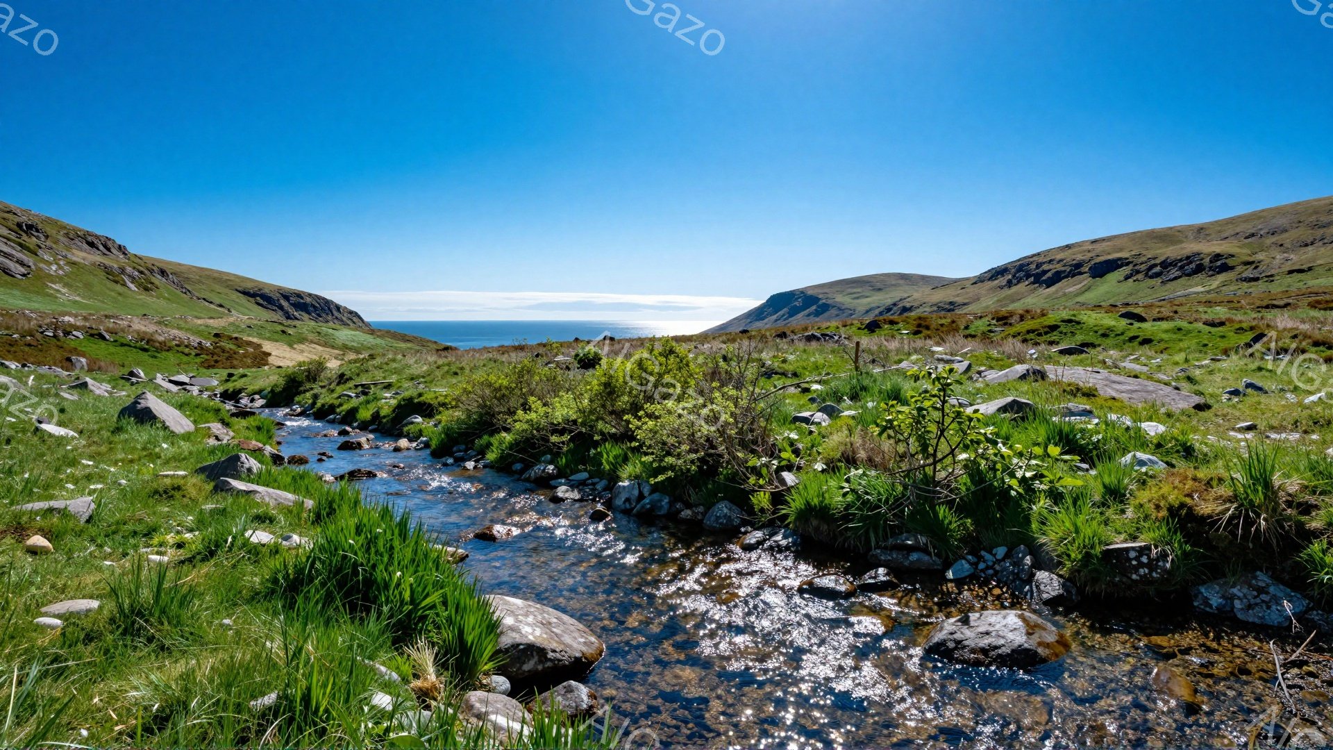 鮮やかな緑の草と岩が広がる、山間の清流の風景です。青い空と海が遠くに見え、手つかずの自然が感じられます。静かで穏やかな雰囲気で、心が安らぎます。