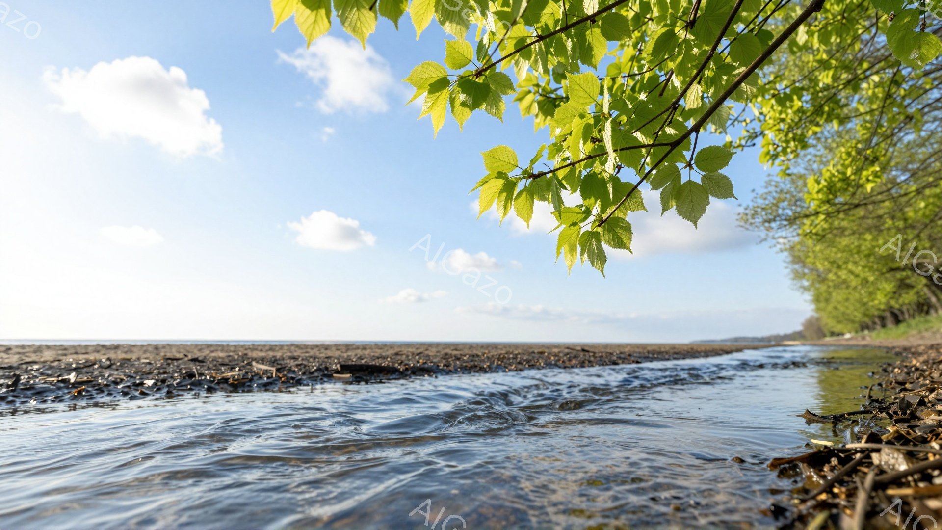 小川が緩やかに流れ、水面は太陽光を反射してキラキラと輝いている。画面の左側には、緑の葉が大きく写り、自然の鮮やかさを強調している。背景には、茶色く乾燥した地面と遠くの緑の木々が広がり、穏やかで平和な風景を作り出している。