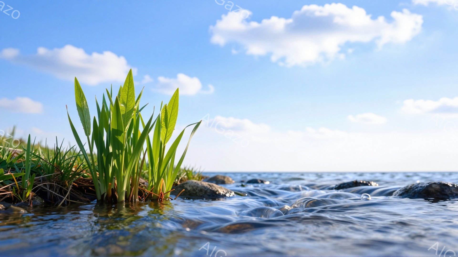 澄んだ水面が流れ、緑色の草が生い茂っている。空は青く、白い雲が浮かび、自然の静寂と美しさを感じさせる風景だ。岩と草のコントラストが、生命力と自然の力強さを表現している。