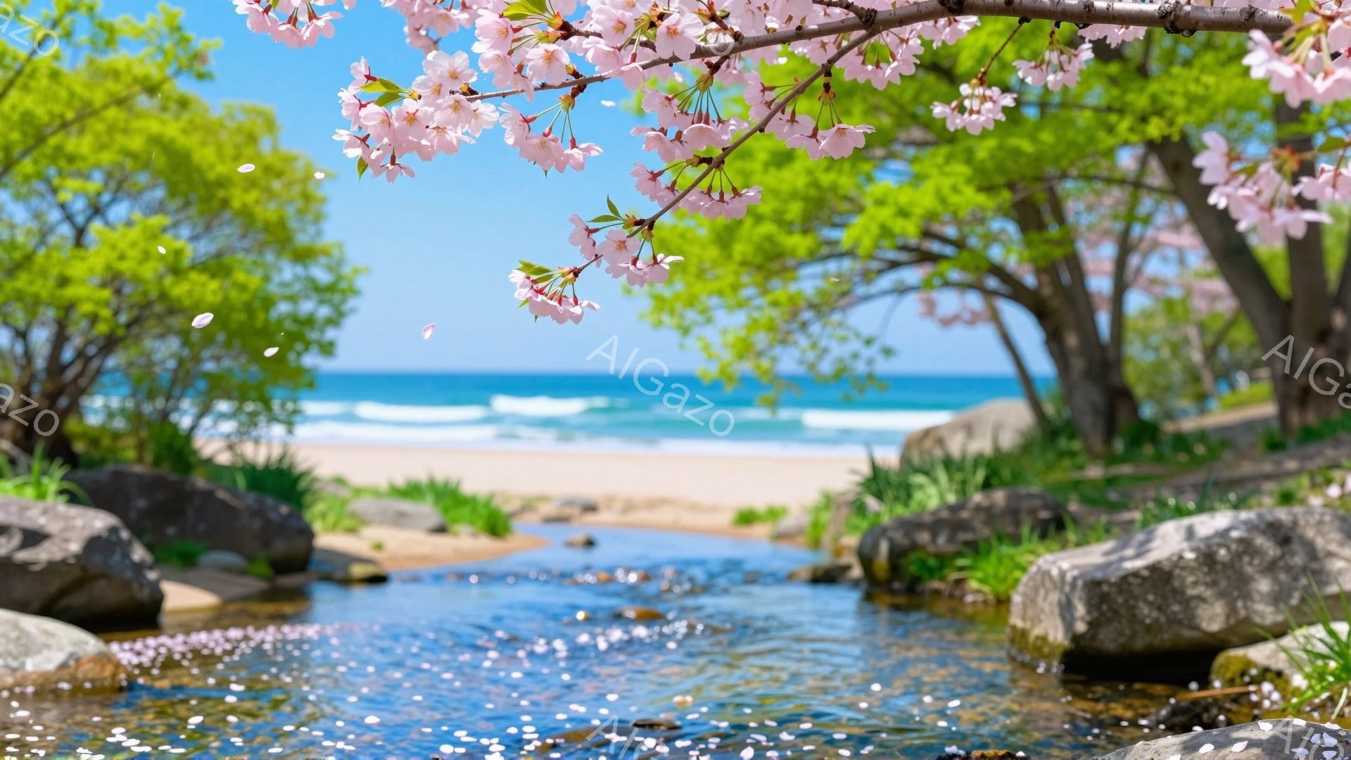 桜の花びらが舞い散る小川と青い海の風景です。水面は穏やかで、周りの岩や緑が春の暖かさを感じさせます。全体的に穏やかで美しい雰囲気の画像です。 - AI生成フリー素材