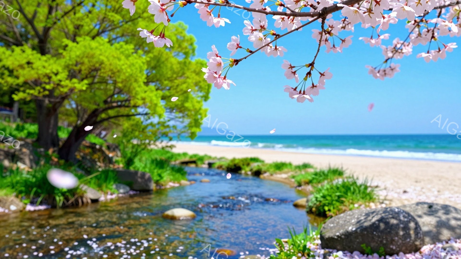 穏やかな海に面した川の流れが美しい風景です。桜の花びらが川面や地面に舞い散り、春の暖かな雰囲気を醸し出しています。緑豊かな自然と青い海のコントラストが印象的です。 - AI生成フリー素材
