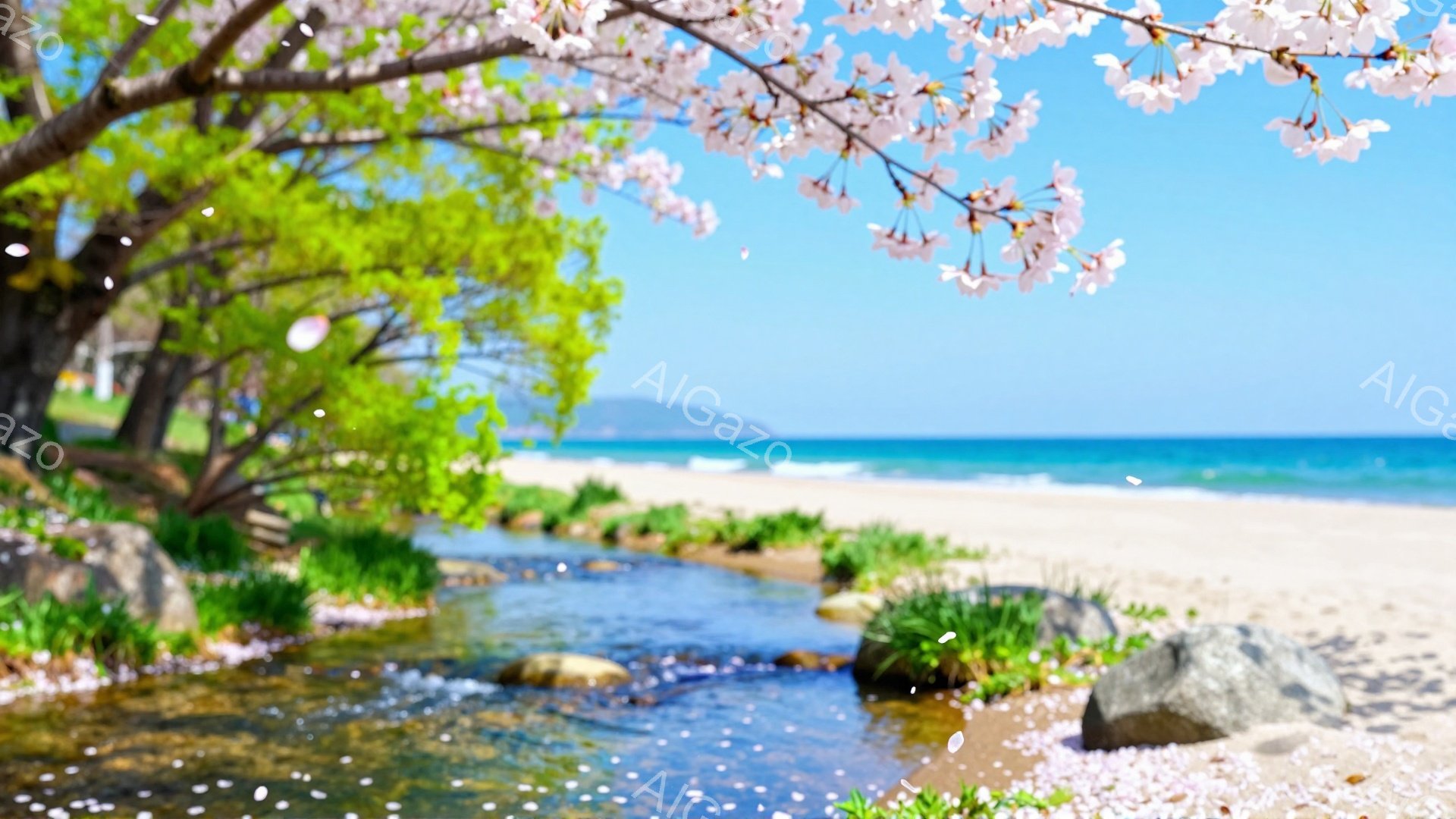 海岸近くの小川のほとりに桜の花びらが舞い散り、穏やかな春の風景が広がっています。青い空とエメラルドグリーンの海、そして白い砂浜が美しいコントラストを描いています。川沿いの緑も豊かで、自然の美しさが際立 - AI生成フリー素材