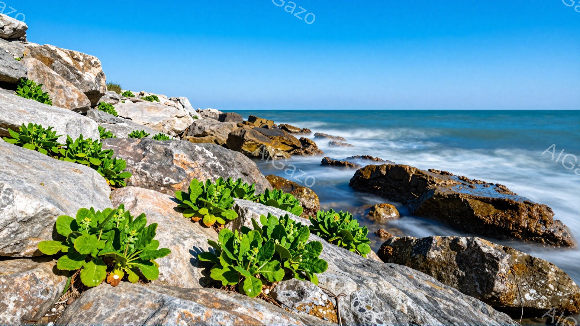 岩場に沿って緑色の植物が生い茂り、背景には穏やかな波が広がる海が広がっている。光が差し込み、岩肌や植物の緑が鮮やかに映え、静かで穏やかな雰囲気が漂う。波の動きが少しぼやけており、時間の流れを感じさせる。