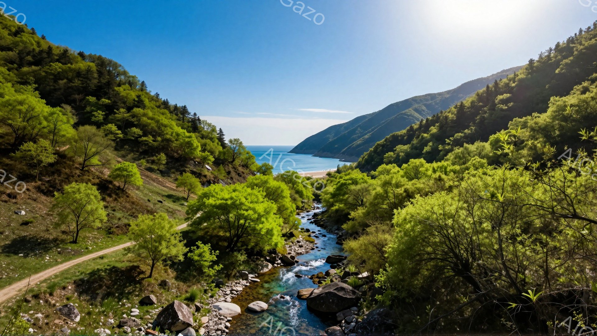 青々とした緑に囲まれた渓谷が広がり、澄んだ川が流れ落ちている。遠くには紺碧の海が広がり、自然の豊かさを感じさせる風景だ。穏やかな日差しが降り注ぎ、静寂で平和な雰囲気が漂っている。 - AI生成フリー素材