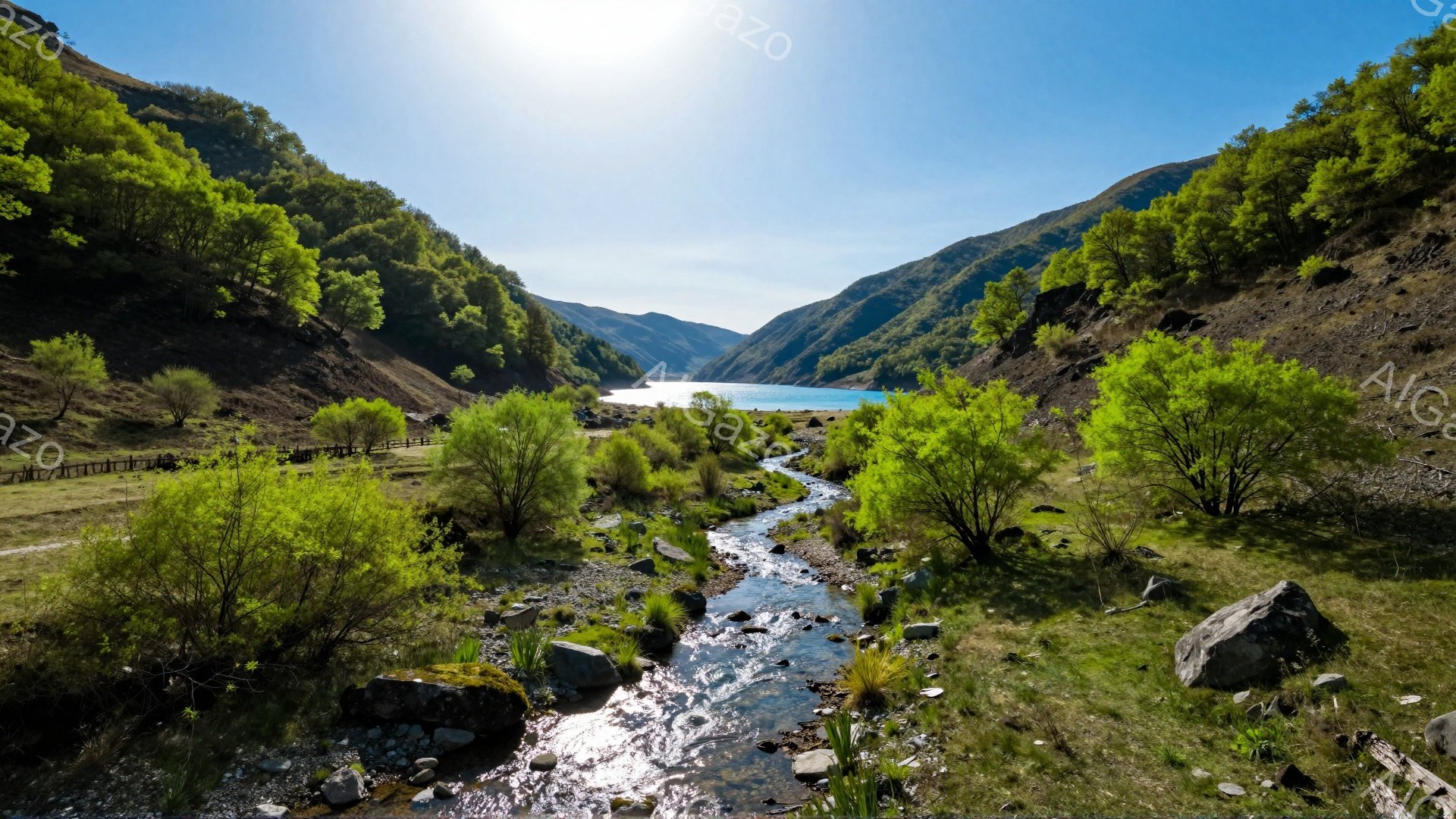 鮮やかな緑の木々と、岩が点在する草原が広がり、せせこ流れる小川が印象的な風景です。遠くには湖が広がり、周囲の山々と相まって、穏やかで美しい自然を感じさせます。青い空と白い雲が、この風景に爽やかさを加え - AI生成フリー素材