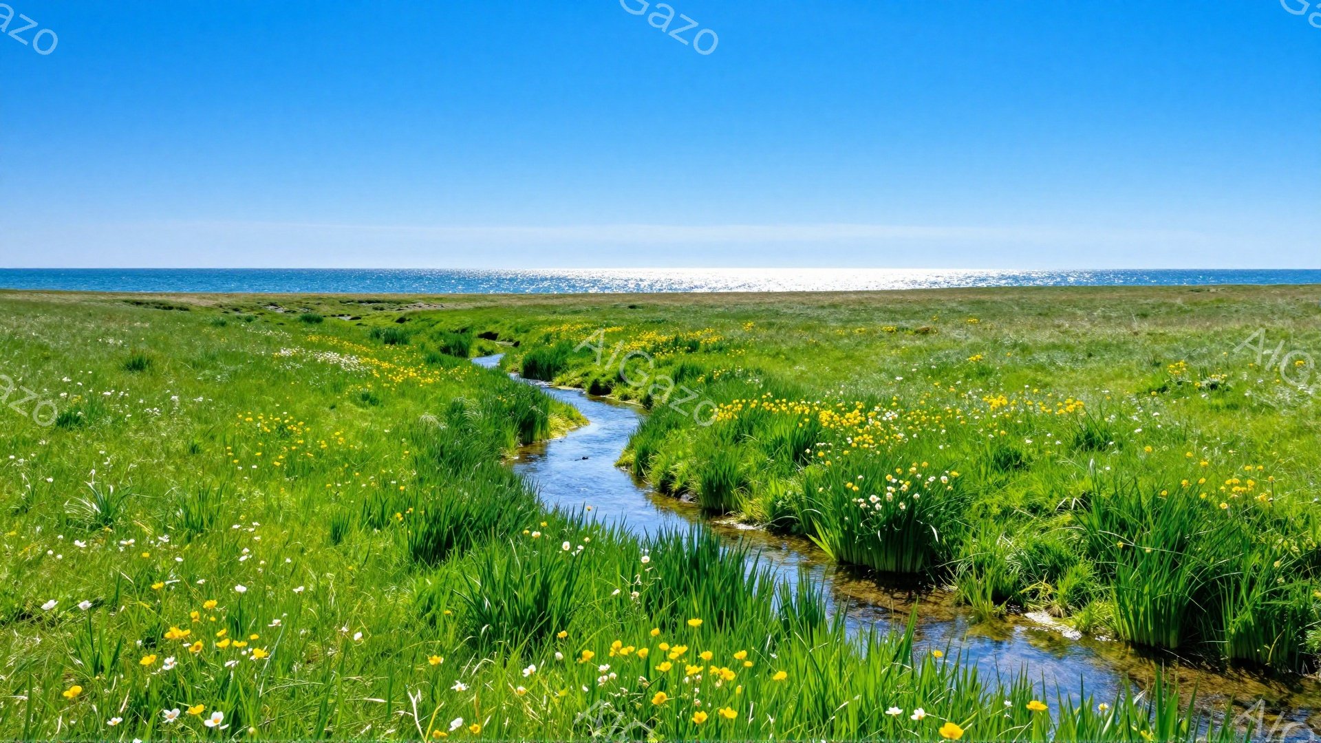 広大な緑の草原の中を細い小川が流れ、その両側には黄色や白の野花が咲き乱れている。空は澄み切った青空で、遠くには太陽の光を反射した海が見える、平和で穏やかな風景だ。 - AI生成フリー素材