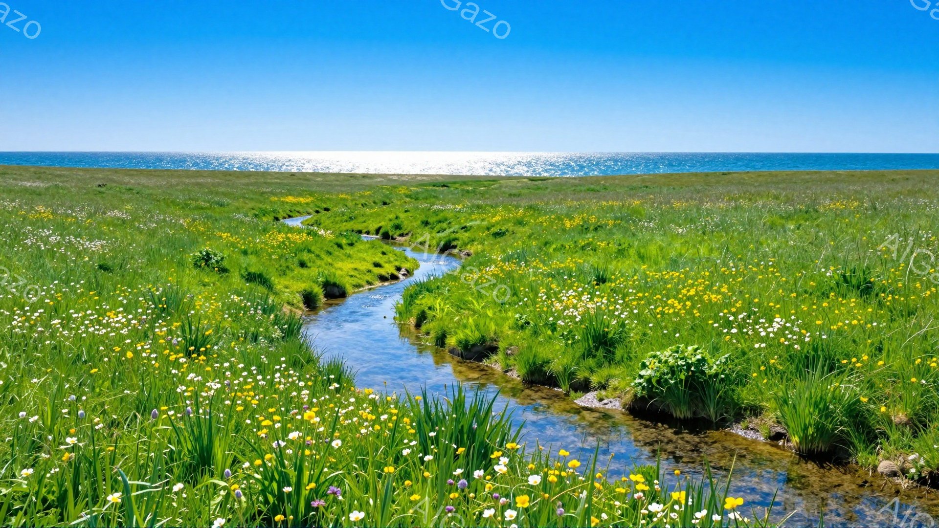 広大な草原の中に、細い流れが蛇行して流れている。青い空と輝く海が背景に広がり、黄色や白色の野花が咲き乱れ、のどかな雰囲気を醸し出している。水面は穏やかで、自然の美しさが際立っている。 - AI生成フリー素材