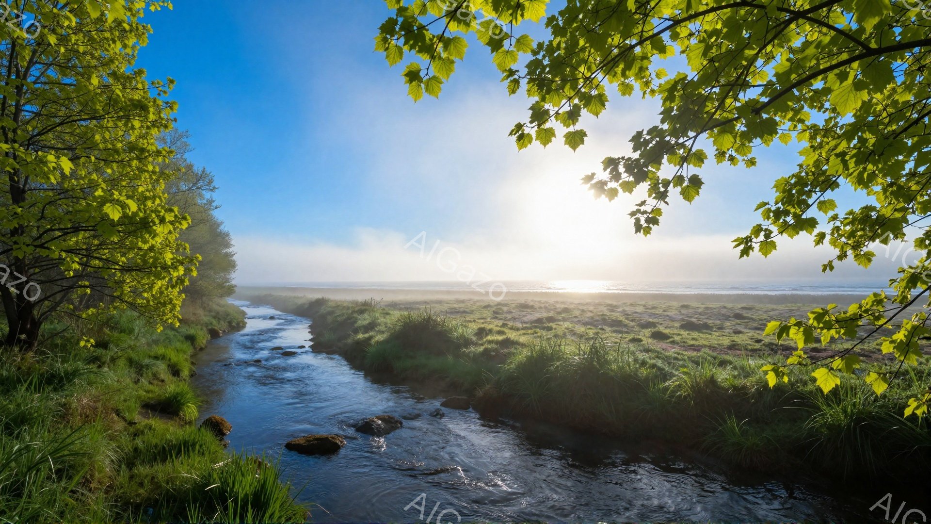 澄んだ小川が緑豊かな草原を流れ、太陽の光が水面に反射して輝いている。遠くには霧のかかった海岸線が見え、穏やかで平和な雰囲気が漂っている。空は青く、全体的に自然の美しさを強調している。 - AI生成フリー素材