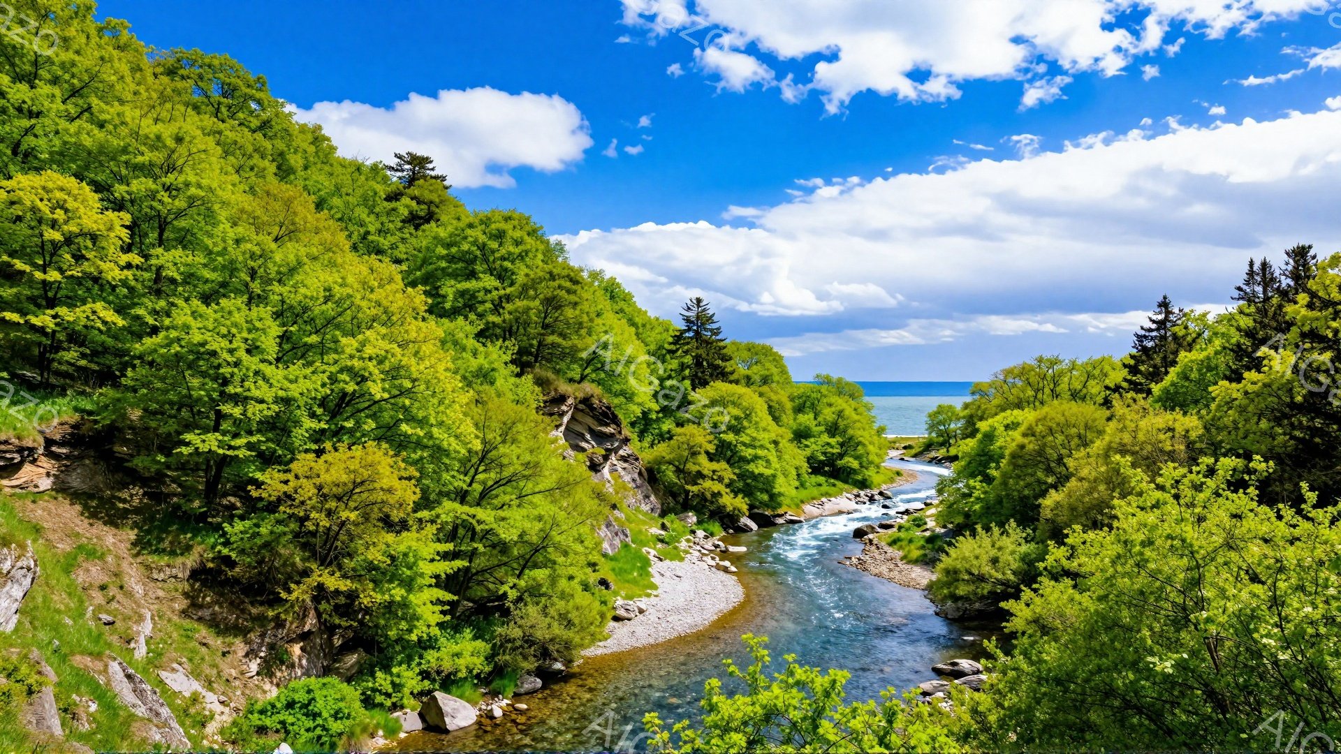 鮮やかな緑の木々が生い茂る渓谷を、澄んだ水流が蛇行しながら流れている。空は青く、白い雲が浮かび、そのコントラストが美しい自然の風景を作り出している。日差しが暖かく、穏やかな時間が感じられる。 - AI生成フリー素材