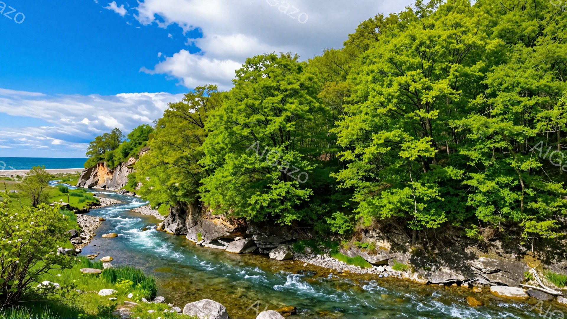 青空の下、緑豊かな木々に囲まれた川が流れている。川は岩場を流れ落ち、水しぶきを上げて勢いよく流れており、自然の力強さを感じさせる。背景には穏やかな湖と空が広がり、静寂と美しさが共存する風景である。 - AI生成フリー素材