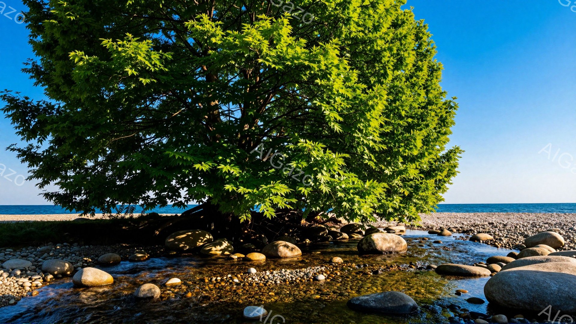 見事な緑の葉を持つ大きな木が、岩の多い海岸に沿って流れる浅い川の中に根を張っている。空は青く、水は澄んでおり、木と岩のコントラストが美しい風景を作り出している。穏やかで静かな雰囲気で、自然の美しさを楽 - AI生成フリー素材