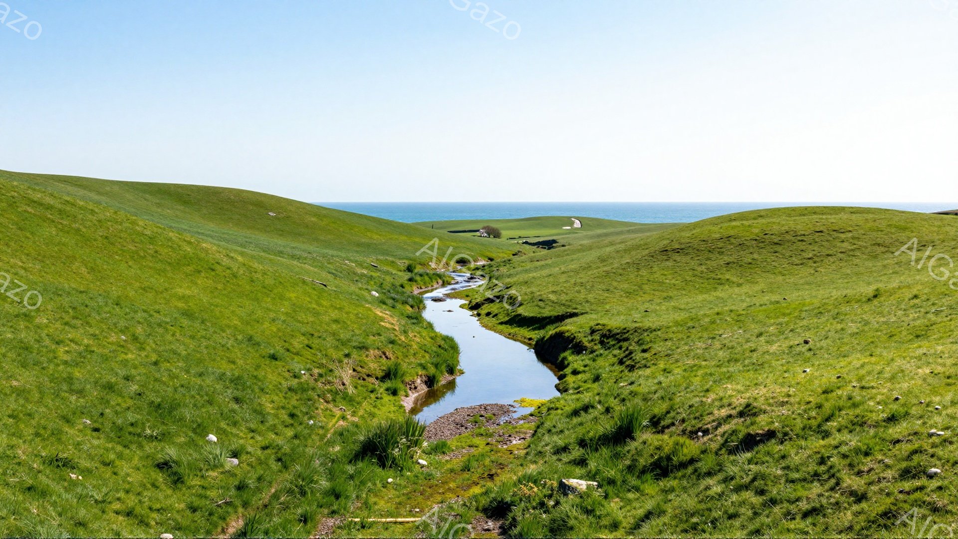 緑豊かな丘陵地帯を流れる小川が印象的な風景です。青い空と海が背景に広がり、自然の穏やかさと広がりを感じさせます。川の周りの草木は生い茂り、生命力に満ちています。