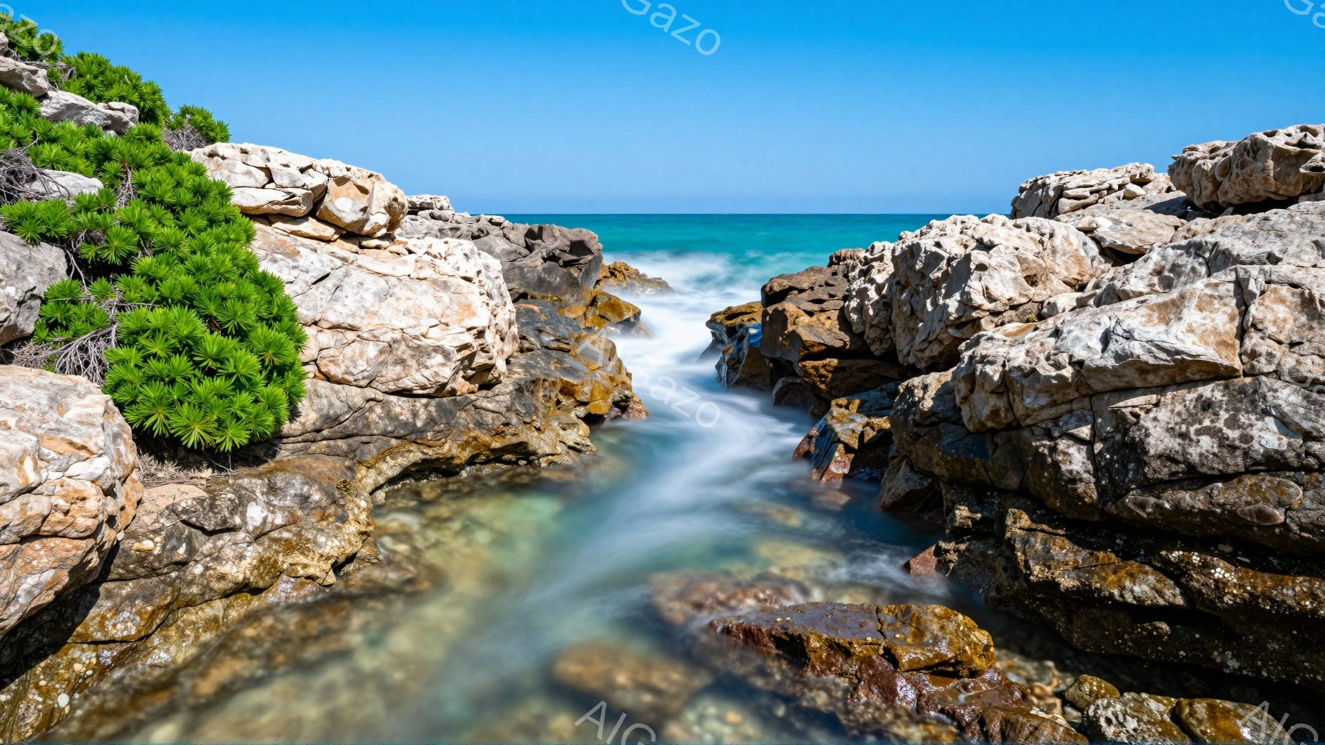 岩が連なる海岸線に、透明度の高い水の流れが差し込まれています。水は岩の間を縫うように流れ込み、長い露光により白くぼやけて表現されています。背景には青い空と海が広がり、自然の力強さと静寂さを感じさせます - AI生成フリー素材