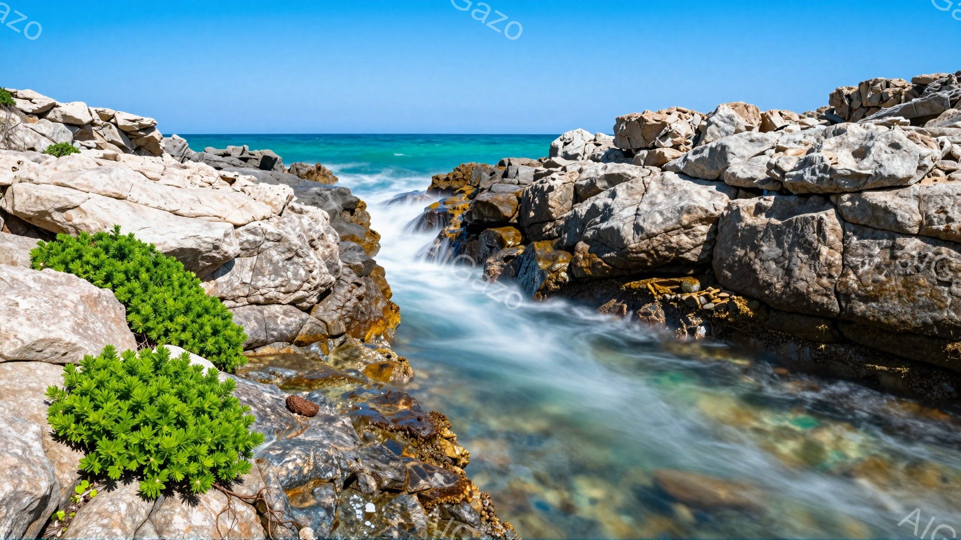 岩の隙間を勢いよく流れる水が印象的な風景です。ターコイズブルーの海と、周囲の岩のコントラストが美しいです。緑色の植物がアクセントとなり、自然の力強さと静寂さを感じさせます。