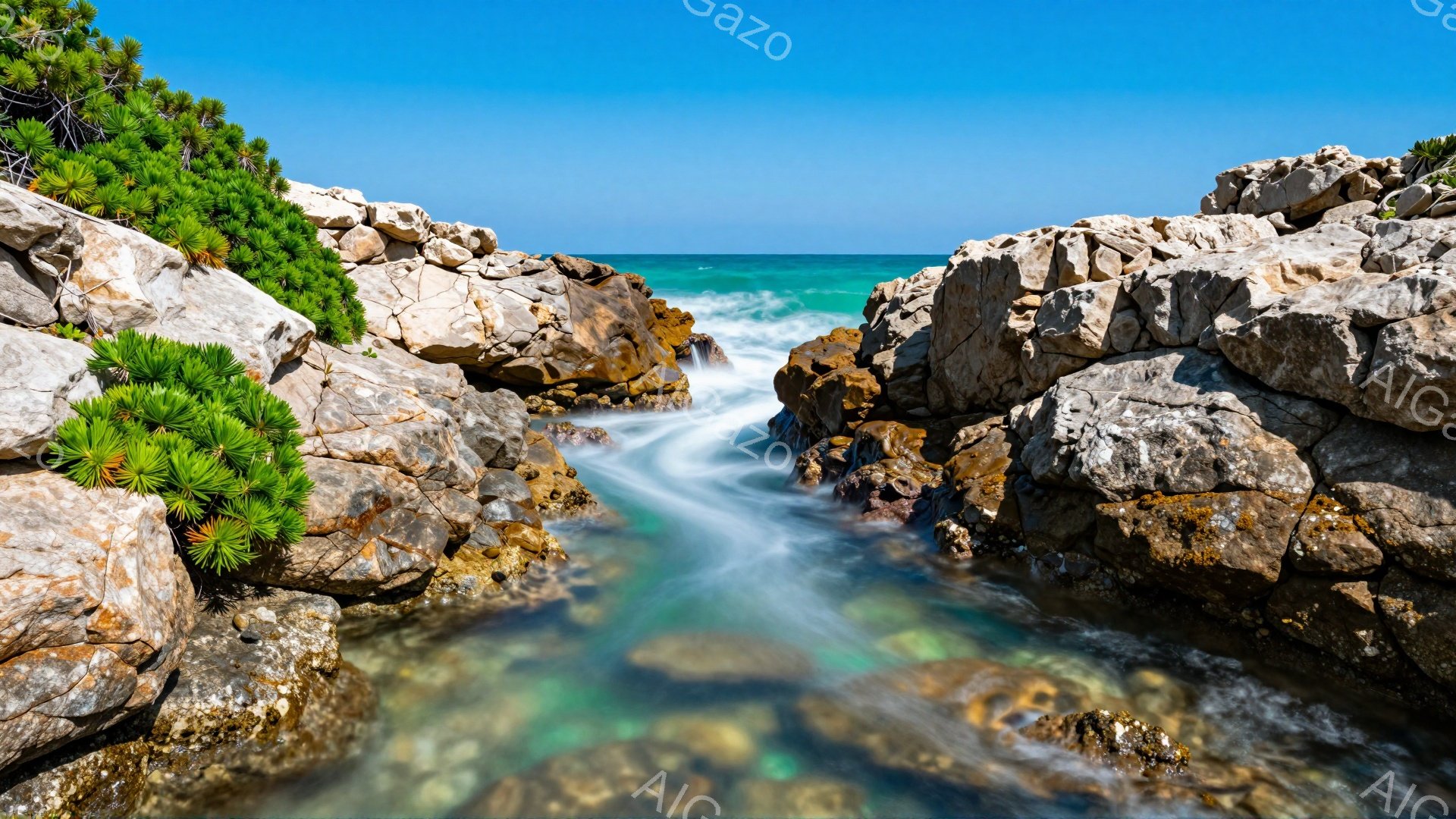 岩が連なる海岸線に、ターコイズブルーの水が流れ込む様子が捉えられています。水の流れは速く、白く泡立ちながら岩の間を縫うように進んでいます。周辺には緑色の植物が生い茂り、夏の穏やかな日差しを感じさせる風景です。