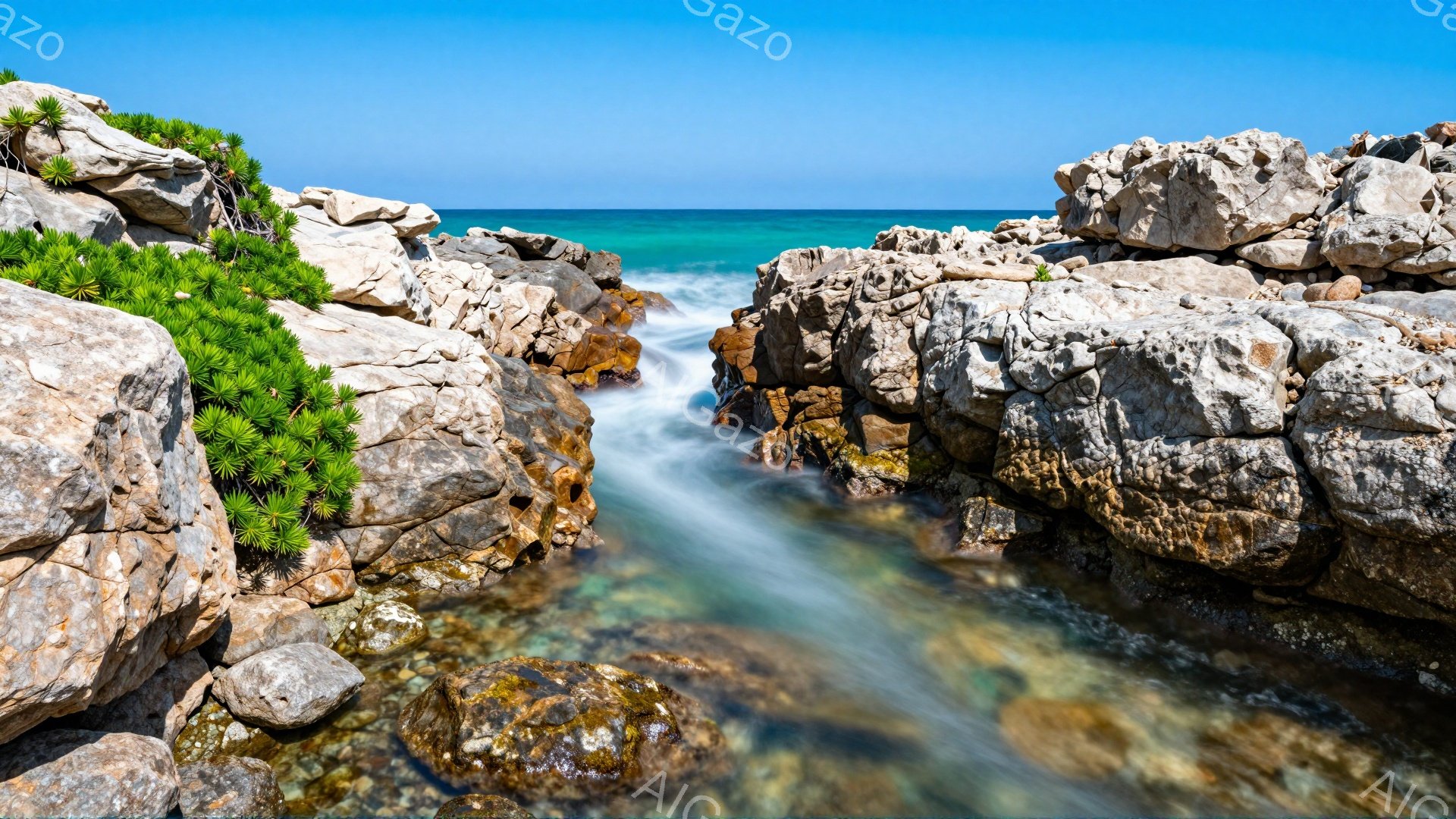 岩が積み重なり、澄んだ水が流れ落ちる美しい光景です。緑色の植物が岩の隙間に生え、対照的な色彩が目に鮮やかです。穏やかな雰囲気で、自然の力強さと静けさを感じさせます。