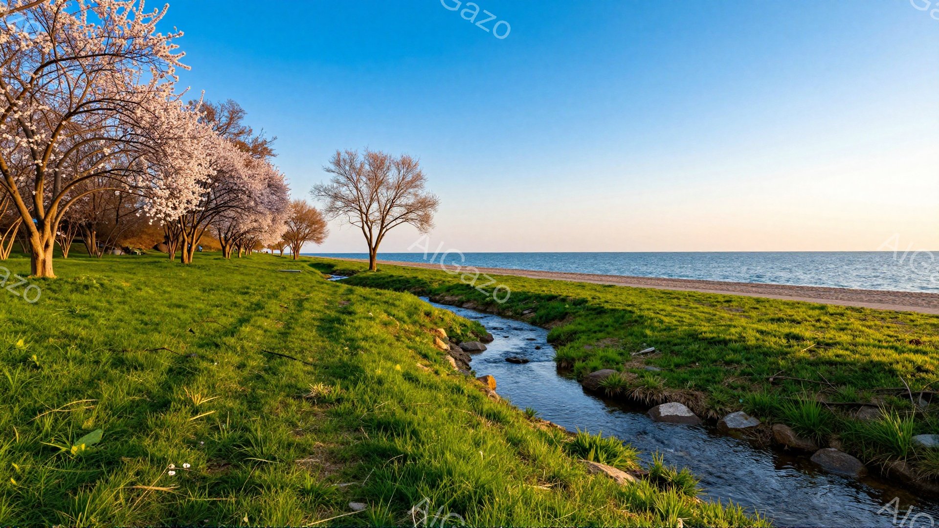 春の穏やかな海岸線が広がっている。緑豊かな草原の中を小川が流れ、その先に並木道と海が見える。空は青く、穏やかな雰囲気で、春の訪れを感じさせる。