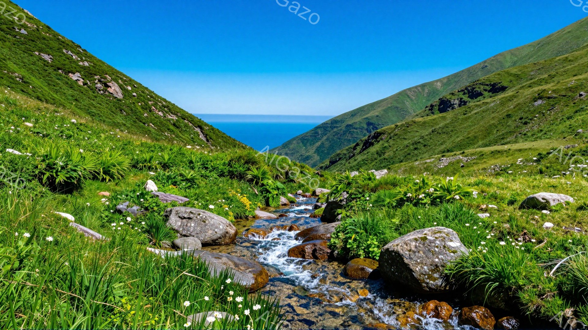 山の渓谷を流れる清流が印象的な風景です。緑豊かな草木が生い茂り、白い花が点在し、遠くには青い海が見えます。自然の美しさが感じられる、静かで穏やかな光景です。
