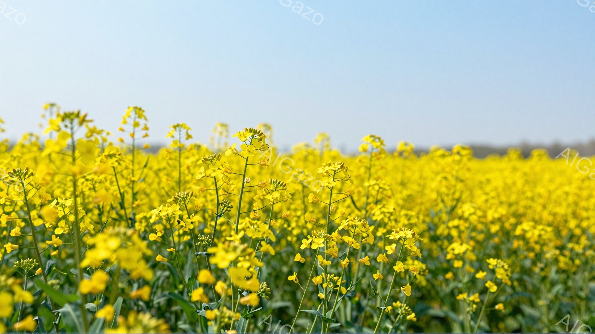 広大な菜の花畑が広がっており、黄色い花が鮮やかに咲き誇っています。空は澄んだ青空で、穏やかな春の日の雰囲気が感じられます。遠くには緑の木々が見え、自然豊かな風景が広がっています。