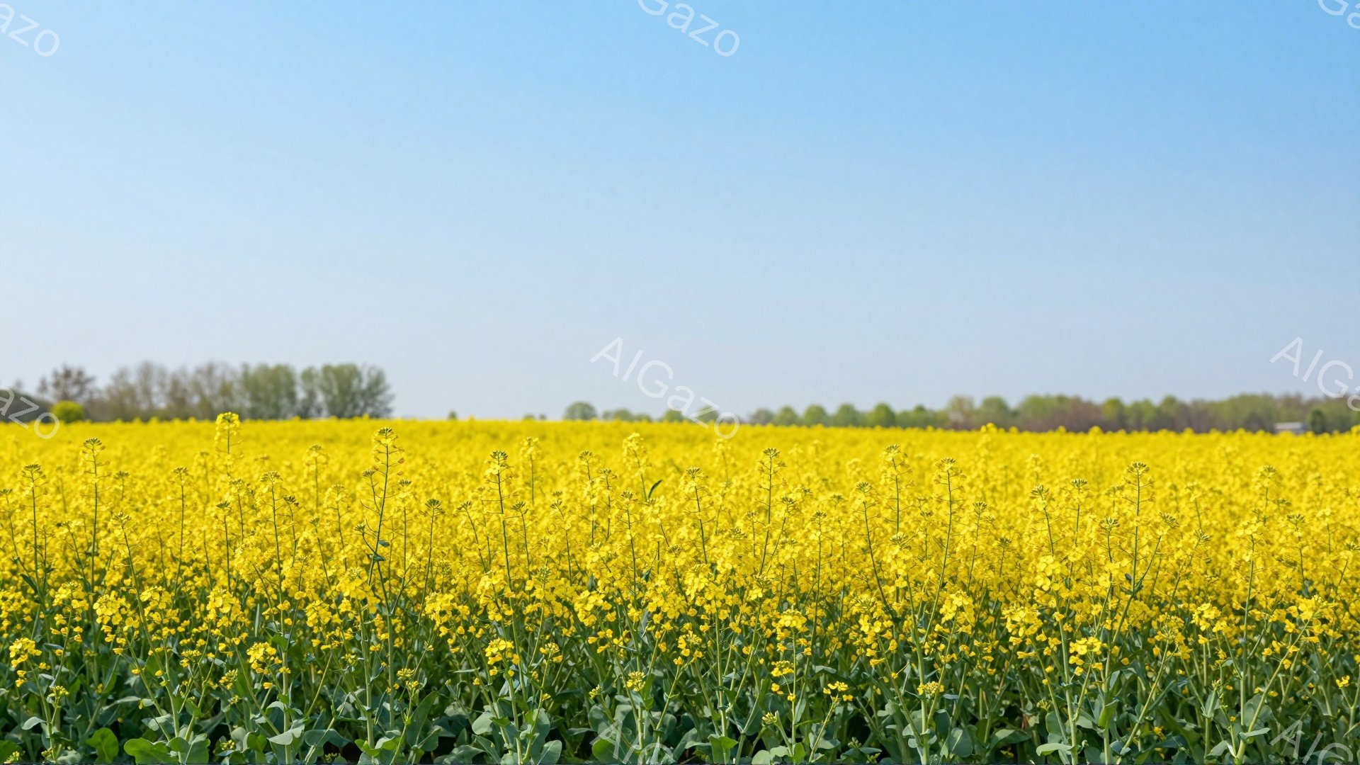 広大な菜の花畑が広がり、鮮やかな黄色が目に飛び込んできます。遠くには緑の並木が確認でき、空は澄んだ青空が広がっています。春の陽気を感じさせる、穏やかで美しい風景です。