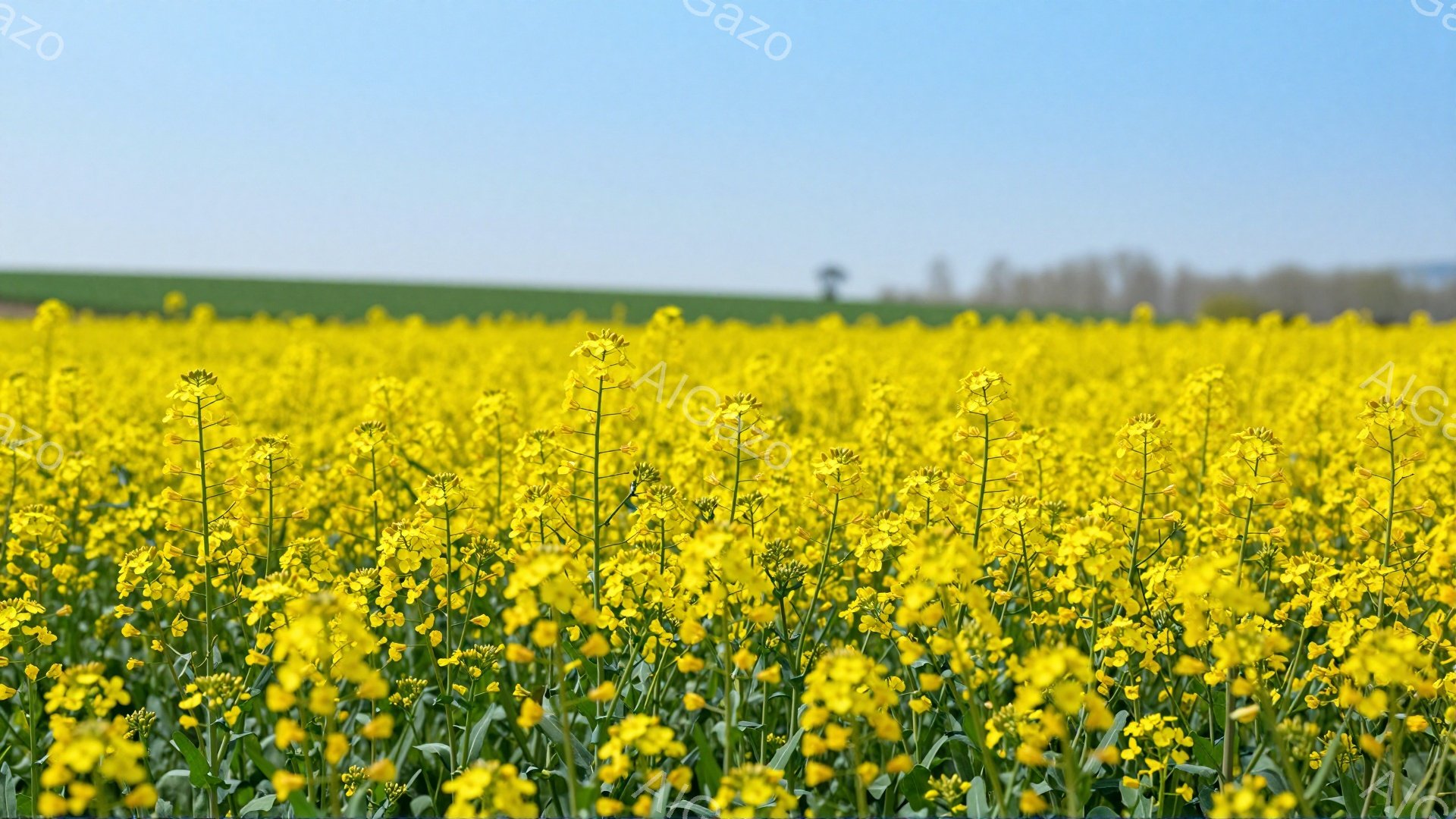 広大な菜の花畑が広がり、黄色い花が咲き乱れている。背景には緑の丘と木々が見え、晴れた空の下、穏やかな春の雰囲気が感じられる。花々は太陽の光を浴びて鮮やかに輝いている。 - AI生成フリー素材