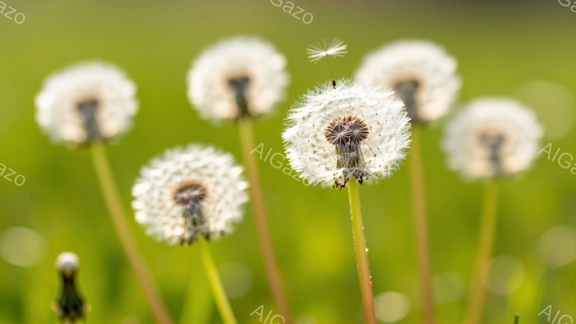 鮮やかな緑色の背景に、タンポポの綿毛がふわふわと舞い散る様子が捉えられています。綿毛は白い丸い形をしており、風に吹かれて軽やかに飛び散り、春の穏やかな雰囲気を醸し出しています。背景はぼやけており、綿毛が際立つように工夫されています。