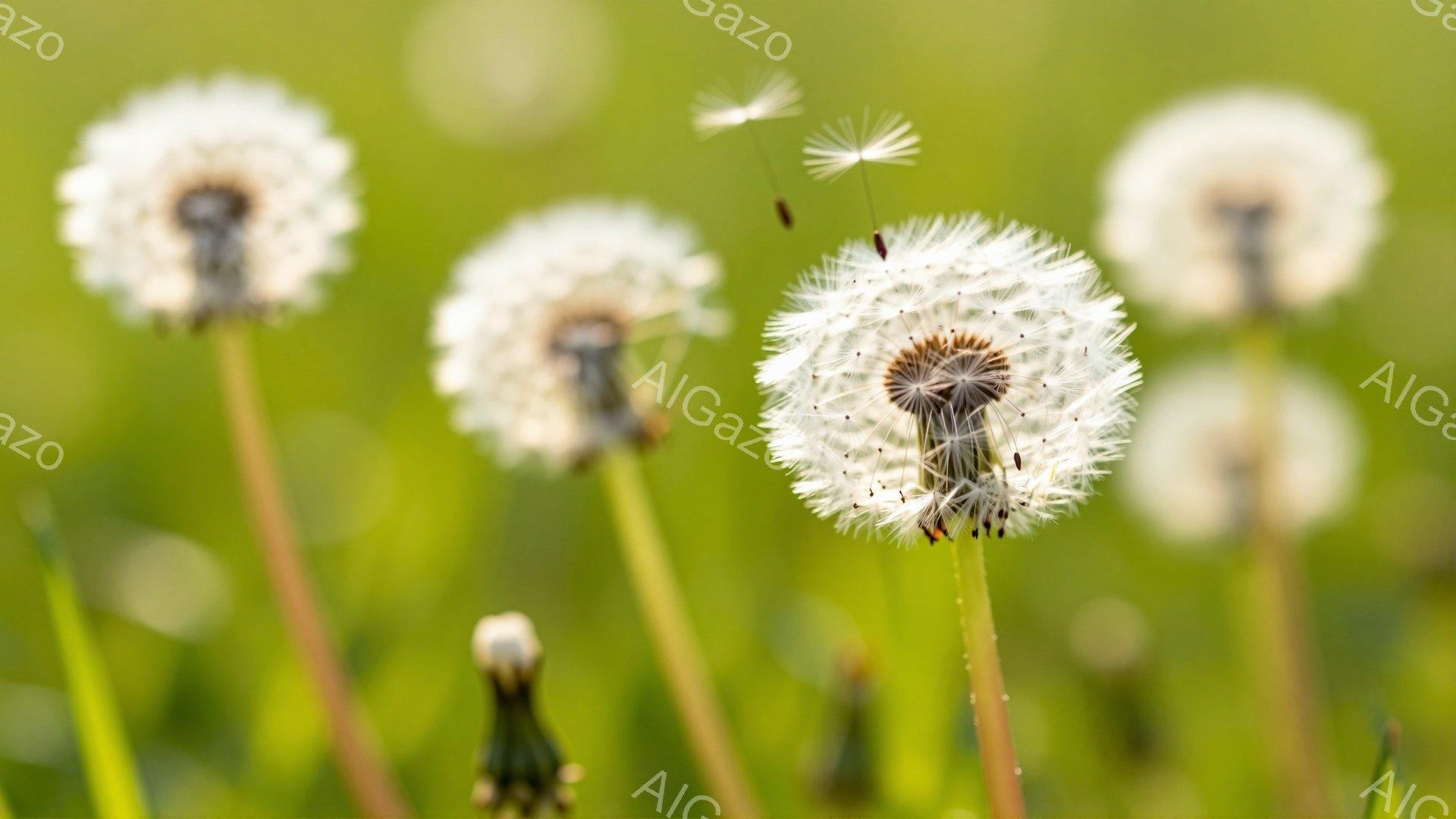 鮮やかな緑の背景にタンポポが咲き誇っています。綿毛が風に舞い上がり、春の穏やかな雰囲気を醸し出しています。前景にはぼやけたタンポポがいくつかあり、奥行きを感じさせます。