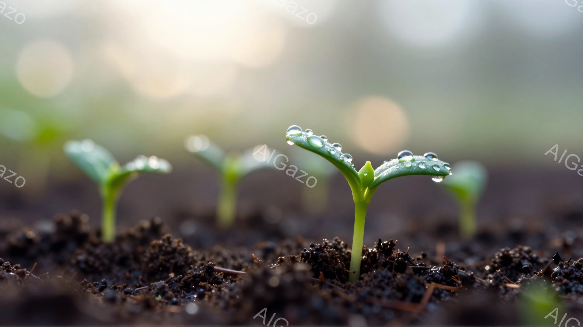 湿った土から顔を出す、小さな芽が数本写っている。朝露のような水滴が葉に輝き、生命力に満ちた様子が伝わってくる。背景はぼやけており、芽が際立って見える。 - AI生成フリー素材