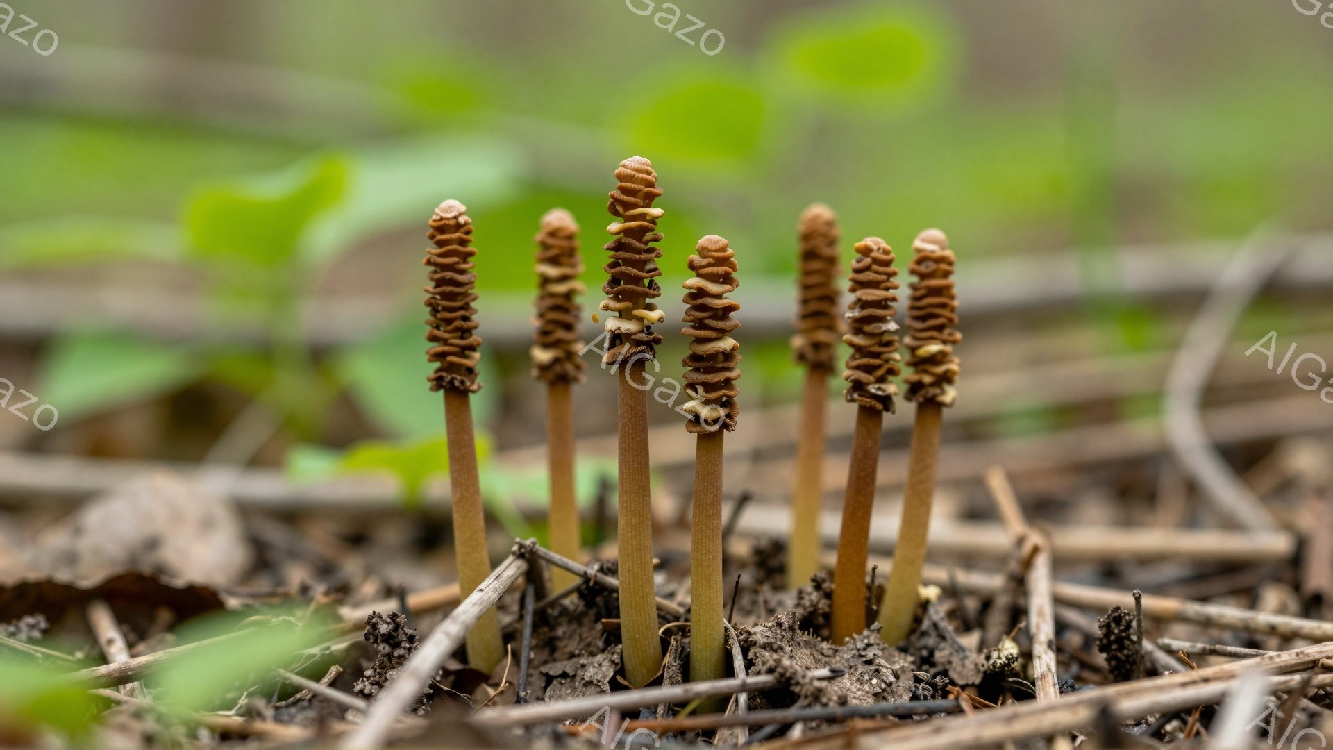 地面に生えているツルガタケが複数写っている。茶色とクリーム色の縞模様が特徴的で、湿った土や落ち葉の上に生えている。背景は緑色の植物で、自然豊かな森の中の様子が伺える。