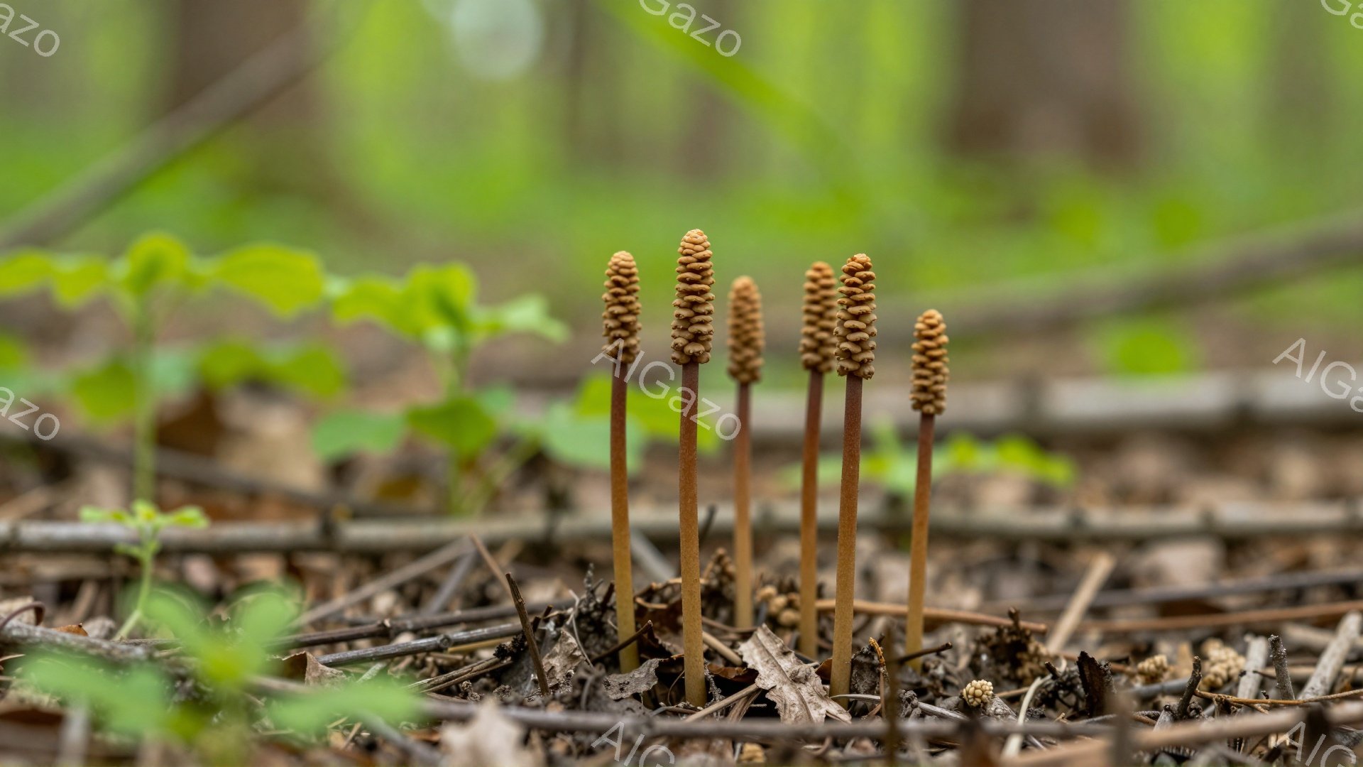 湿った森の床に、数本のユニークなキノコが密集して生えている。キノコは細長い茎を持ち、先端が暗褐色の円錐形になっている。周囲には枯れ葉や緑の植物が点在し、柔らかな光が差し込むことで、静かで神秘的な雰囲気が漂っている。